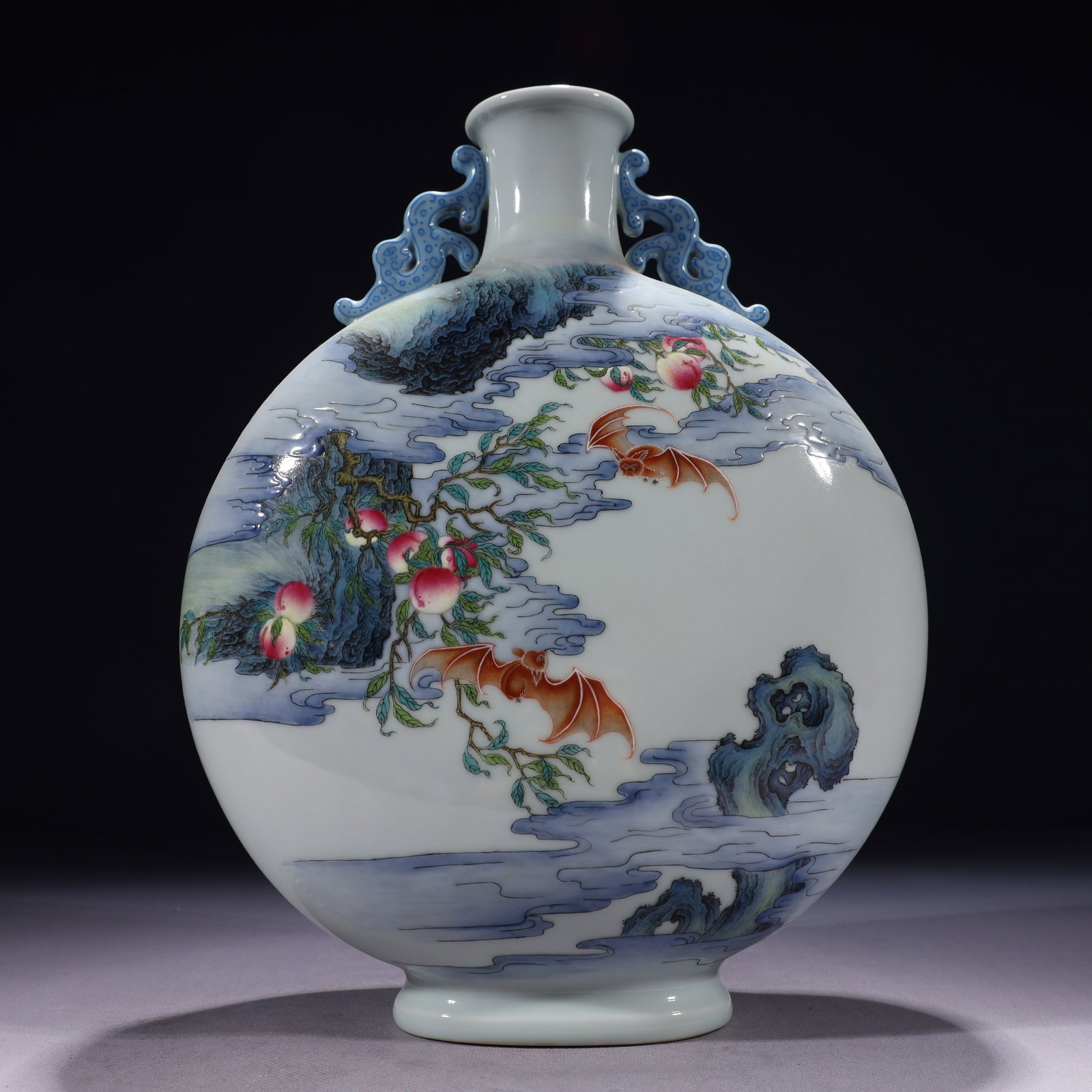 An Exquisite Famille-Rose Bats and Peach Pattern Double-Ears Vase,with poem: An Exquisite Famille-Rose Bats and Peach Pattern Double-Ears Vase,with poem,Qing Dynasty,China,Qianlong Four-character Mark,Size:9.8inx3.9inx12.6in,Weight:3150g 粉彩福寿纹