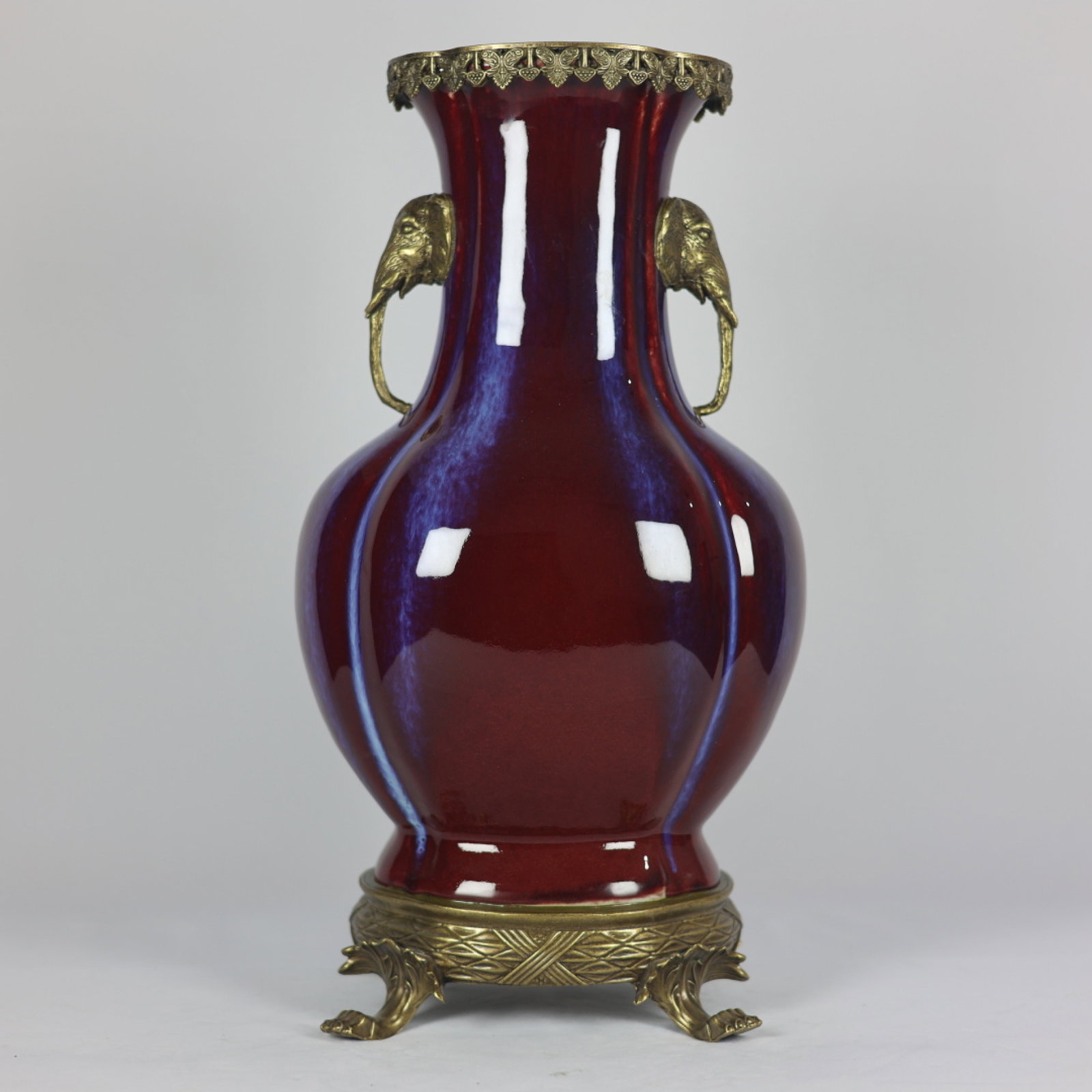 A Huge Flambe Glazed Inlaid Bronze Elephant-Ears Vase: A Huge Flambe Glazed Inlaid Bronze Elephant-Ears Vase,Qing Dynasty,China,Yongzheng Six-character Mark,Size:18.1inx9.1in 窑变釉镶铜象耳瓶,中国