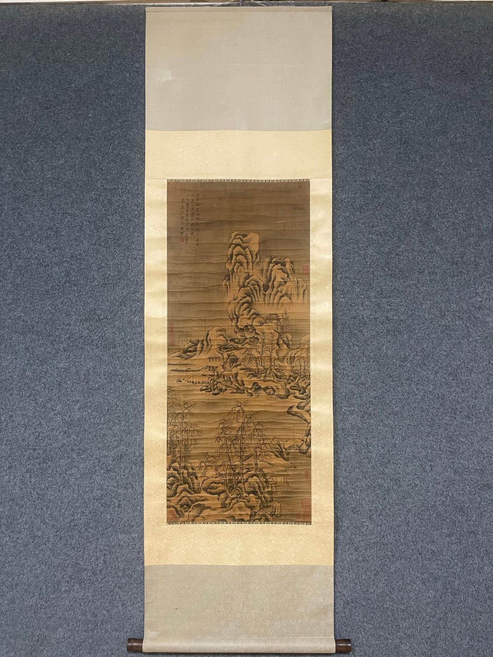 A Chinese Vertical Scroll Ink Painting of Landscape on Silk: A Chinese Vertical Scroll Ink Painting of Landscape on Silk,Guo Xi,Size:17.7inx42.1in 一幅中国水墨绢本山水画立轴,郭&
