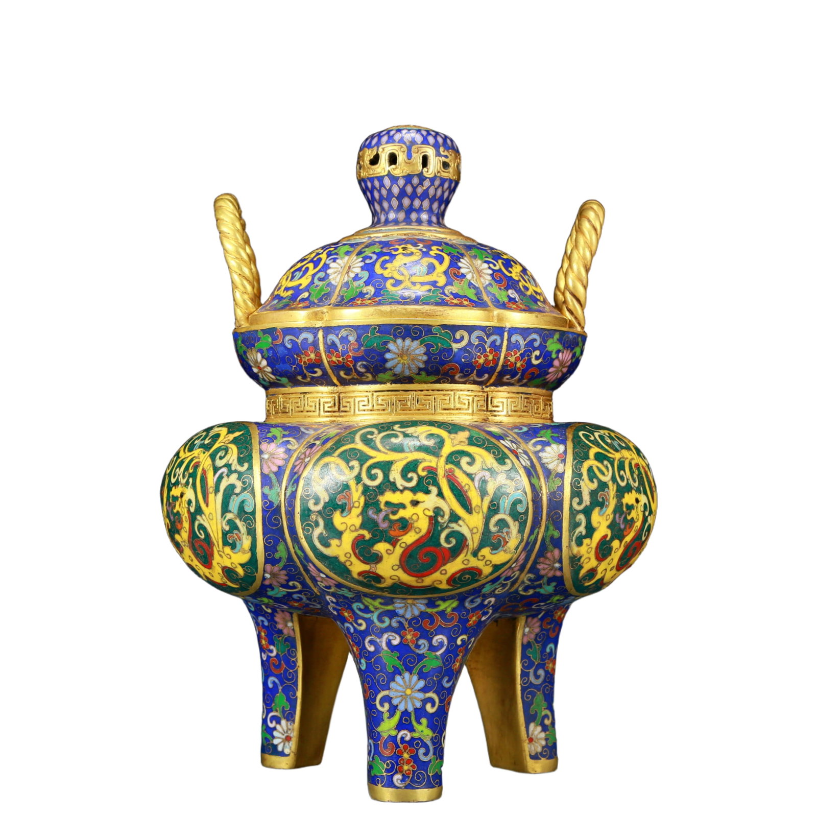 An Exquisite Cloisonne Lotus and Dragon Pattern Double-Ears and Tripod Censer with Cover: An Exquisite Cloisonne Lotus and Dragon Pattern Double-Ears and Tripod Censer with Cover，Qing Dynasty, China，Qianlong Four-character Mark，Size:7.1inx11in，Weight:5.20kg 