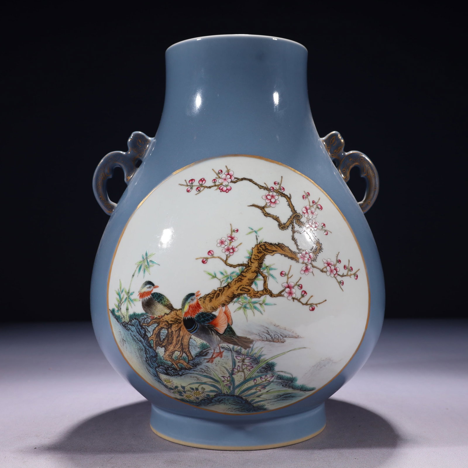 An Exquisite Famille-Rose Flower and Bird Pattern Double-Ears Vase: An Exquisite Famille-Rose Flower and Bird Pattern Double-Ears Vase,Qing Dynasty,China,Qianlong Six-character Mark,Size:8.3inx11in,Weight:2600g 粉彩花鸟纹双耳&