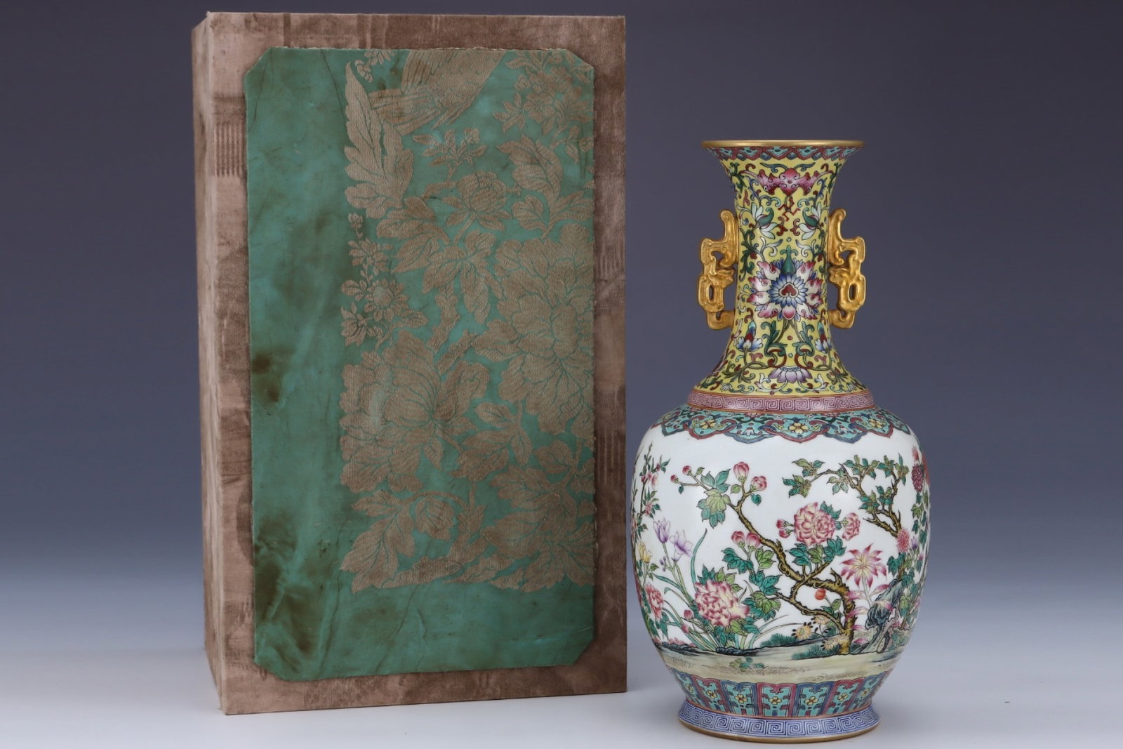 A Rare Famille-Rose Painted Gold Flower Pattern Double-Ears Vase,with an Imperial Poem by Emperor: A Rare Famille-Rose Painted Gold Flower Pattern Double-Ears Vase,with an Imperial Poem by Emperor Qianlong,Qing Dynasty,China,Size:13.7inx6.9in 粉彩描金花卉纹