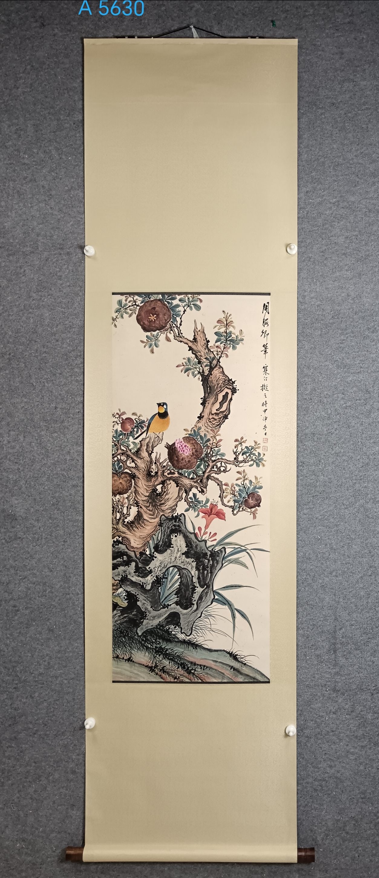 A Chinese Vertical Scroll Ink Painting of Flower and Bird on Paper: A Chinese Vertical Scroll Ink Painting of Flower and Bird on Paper,Jiang Hanting,Size:42.9inx17.7in 一幅中国水墨花鸟画立轴,江