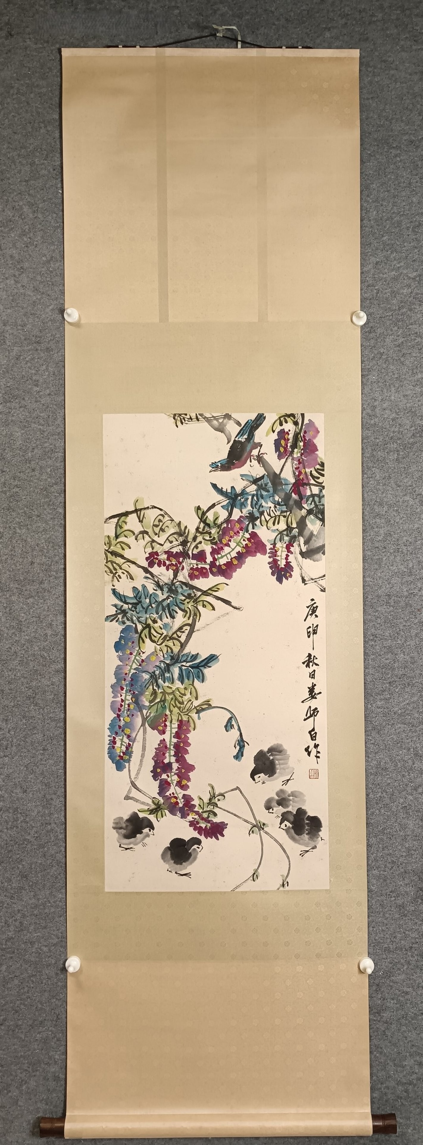 A Chinese Vertical Scroll Ink Painting of Flower and Bird on Paper: A Chinese Vertical Scroll Ink Painting of Flower and Bird on Paper,Lou Shibai,Size:17.7inx38.2in 一幅中国水墨花鸟画立轴,娄१