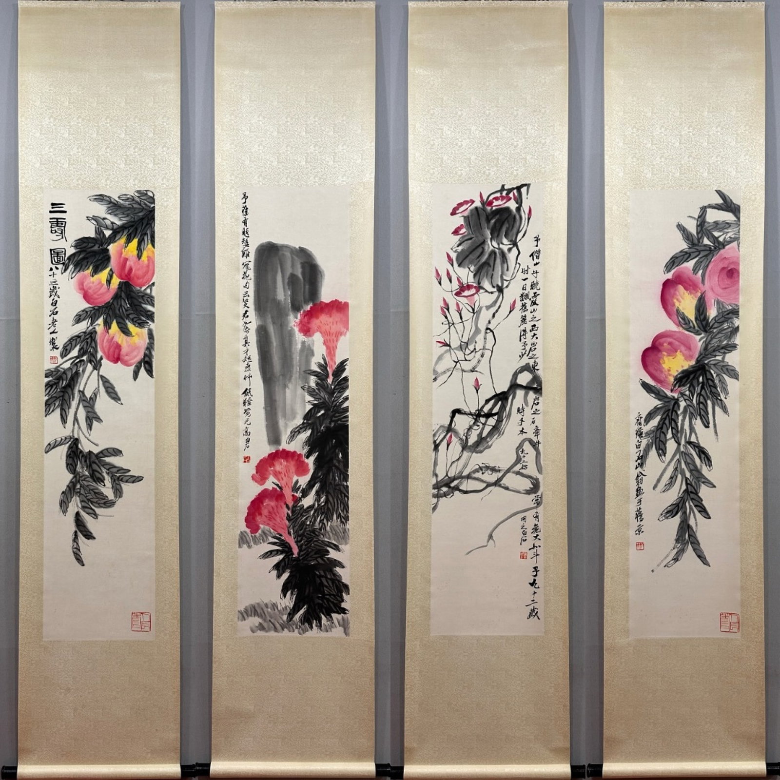 A Set of Chinese Vertical Scroll Ink Painting of Flower and Fruit on Paper: A Set of Chinese Vertical Scroll Ink Painting of Flower and Fruit on Paper,Qi Baishi,Size:13.4inx53.9in 一套中国水墨花果画立轴,齐