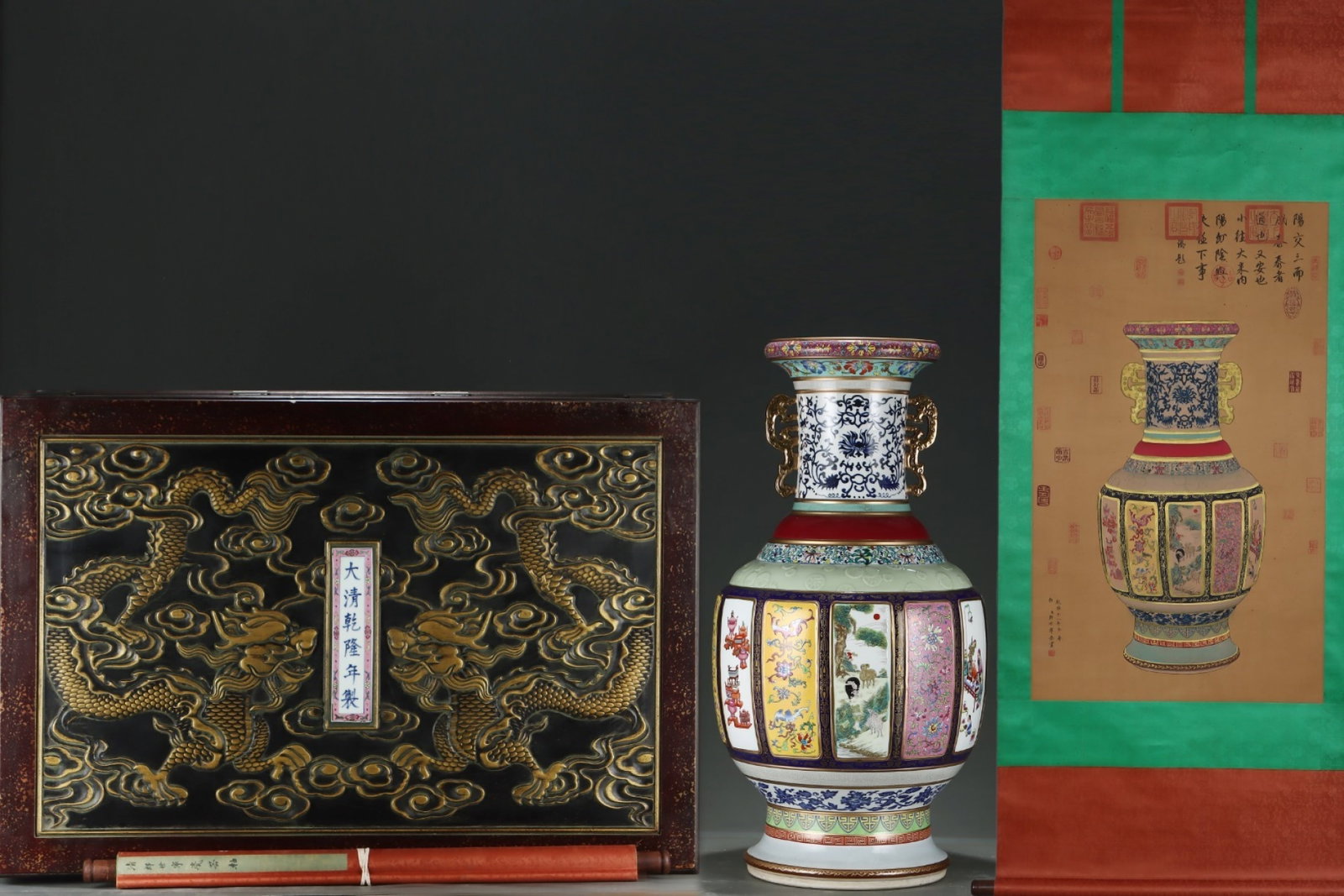 A Huge Enamel Gilt Animal Pattern Double-Ears Vase,with Chinese Vertical Scroll Ink Painting on Silk: A Huge Enamel Gilt Animal Pattern Double-Ears Vase,with Chinese Vertical Scroll Ink Painting on Silk,Qing Dynasty,China,Qianlong Six-character Mark,Size:(Silk)40.9inx24in,(Porcelain)34.3inx17.9in 