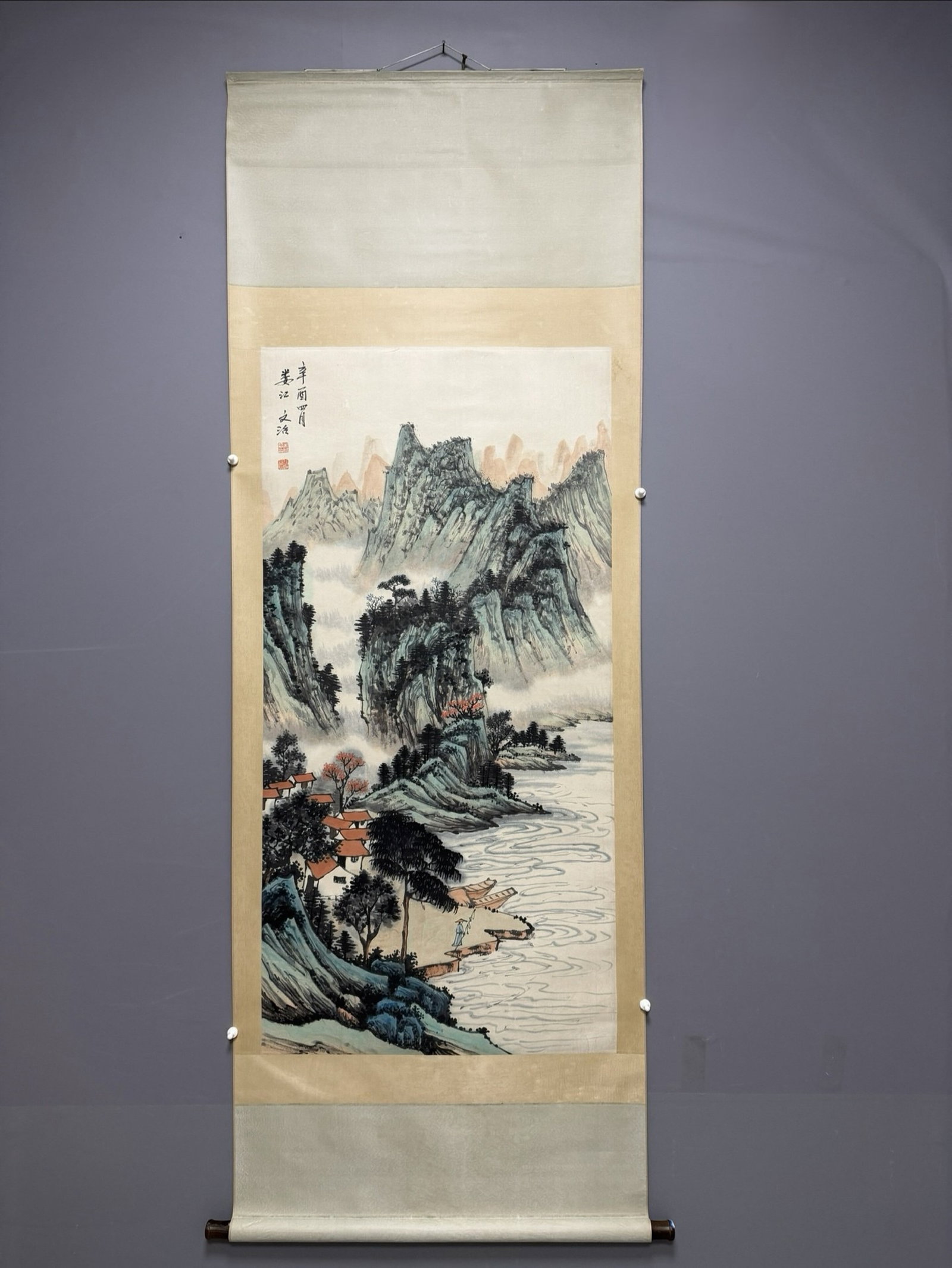 A Chinese Vertical Scroll Ink Painting of Landscape on Paper: A Chinese Vertical Scroll Ink Painting of Landscape on Paper,Song Wenzhi,Size:54.3inx26.8in 一幅中国水墨山水画立轴,宋文