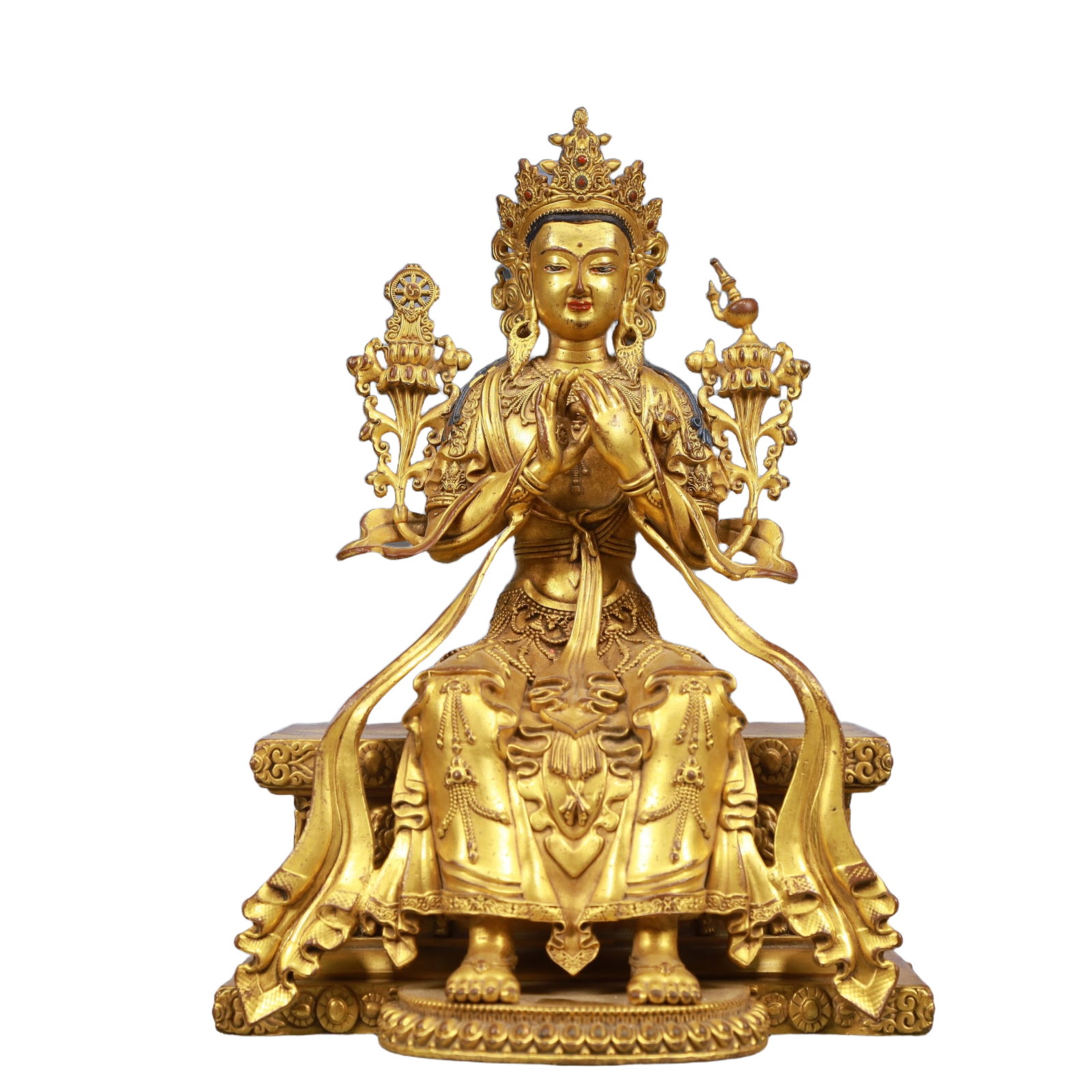 A Solemn Gilt Bronze Statue of Avalokitesvara: A Solemn Gilt Bronze Statue of Avalokitesvara, Qing Dynasty, China, Qianlong Mark, Size:7.1inx5.7inx9.8in, Weight:3750g 铜鎏金观音像,中国清代