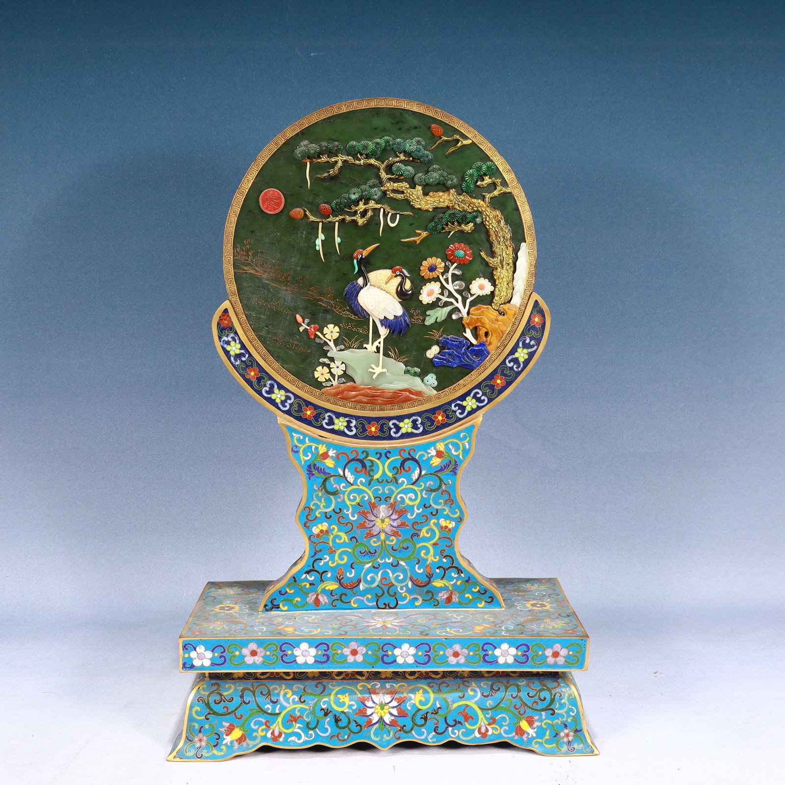 A Huge CloisonneInlaid Jasper Pine and Crane Pattern Table Screen,Inlaid Gems (1 of 11)