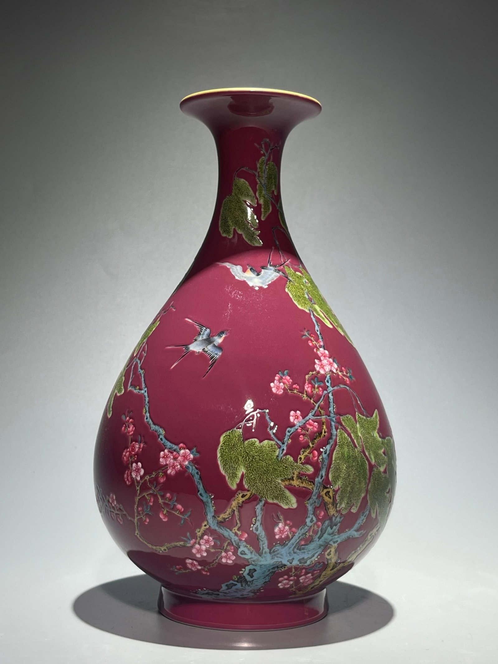 An Exquisite Ruby Red-Glazed Famille-Rose Flower and Bird Pattern Vase,with poem: An Exquisite Ruby Red-Glazed Famille-Rose Flower and Bird Pattern Vase,with poem,Qing Dynasty,China,Yongzheng Four-character Mark,Size:10.6inx6.7in 胭脂红粉彩花(