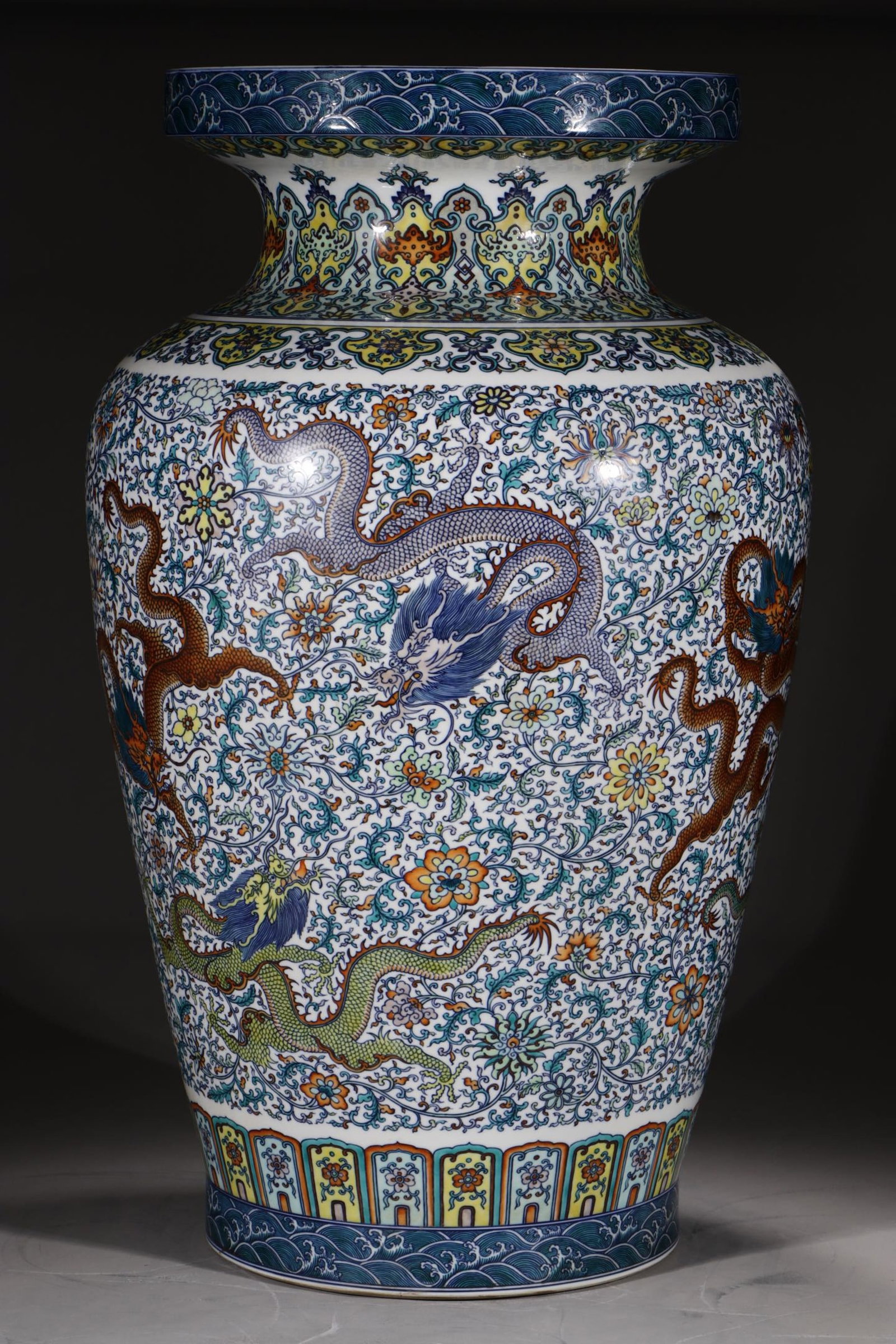 A Huge Doucai Lotus and Dragon Pattern Vase: A Huge Doucai Lotus and Dragon Pattern Vase,Qing Dynasty,China,Yongzheng Six-character Mark,Size:30.3in 斗彩缠枝莲龙纹瓶,中国清代