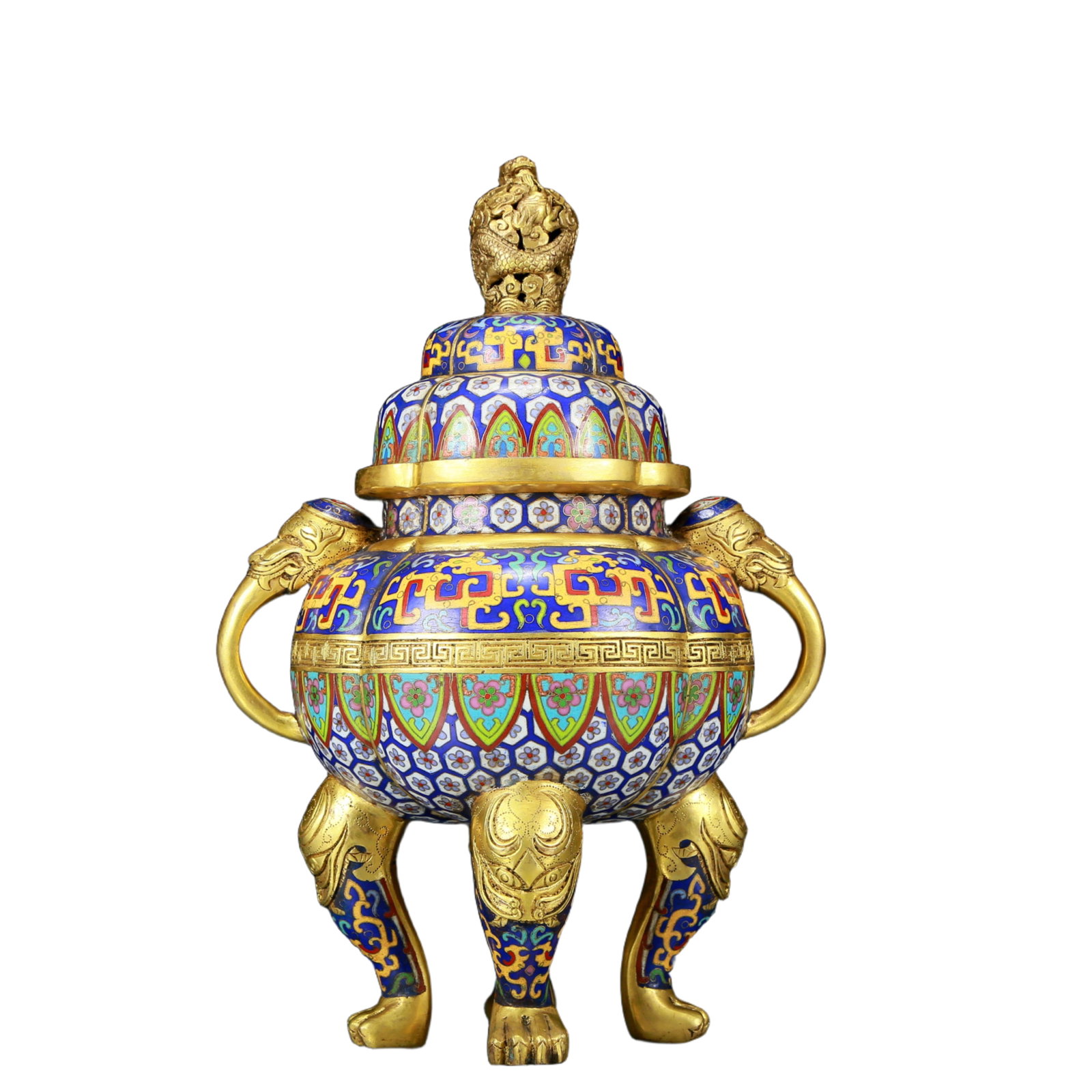 A Rare Cloisonne Dragon Pattern Elephant-Ears Censer with Cover: A Rare Cloisonne Dragon Pattern Elephant-Ears Censer with Cover，Qing Dynasty, China，Qianlong Four-character Mark，Size:8.3inx5.9inx13in，Weight:5.10kg