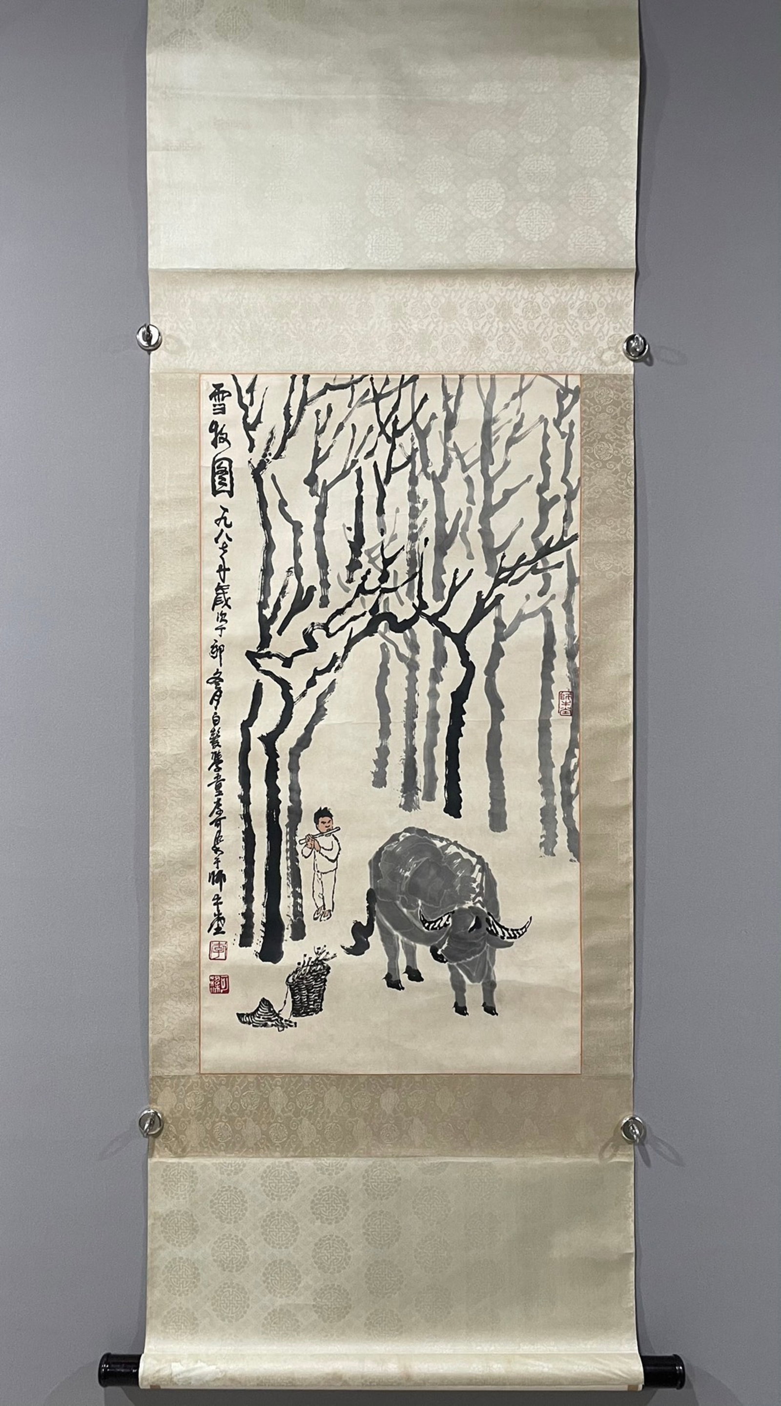 A Chinese Vertical Scroll Ink Painting of Character and Story on Paper: A Chinese Vertical Scroll Ink Painting of Character and Story on Paper,Li Keran,Size:34.6inx18.9in