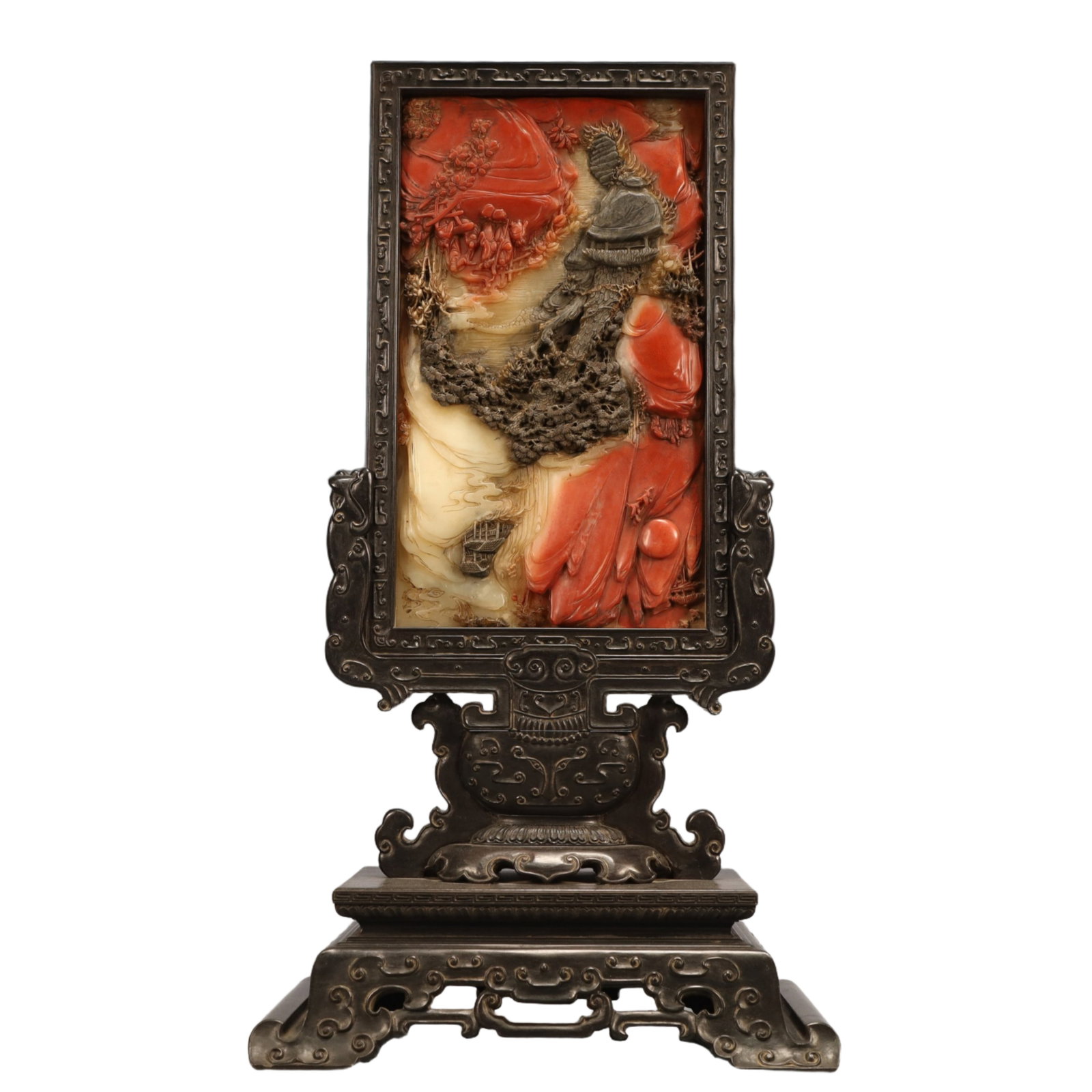 A Huge Zitanwood Inlaid Shoushan Stone Landscape and Figure Pattern Table Screen,With Poem,Qing: A Huge Zitanwood Inlaid Shoushan Stone Landscape and Figure Pattern Table Screen,With Poem,Qing Dynasty, China,Qianlong Mark,Size:11.2inx7.1inx20.5in,Weight:4150g 紫檀木镶ë