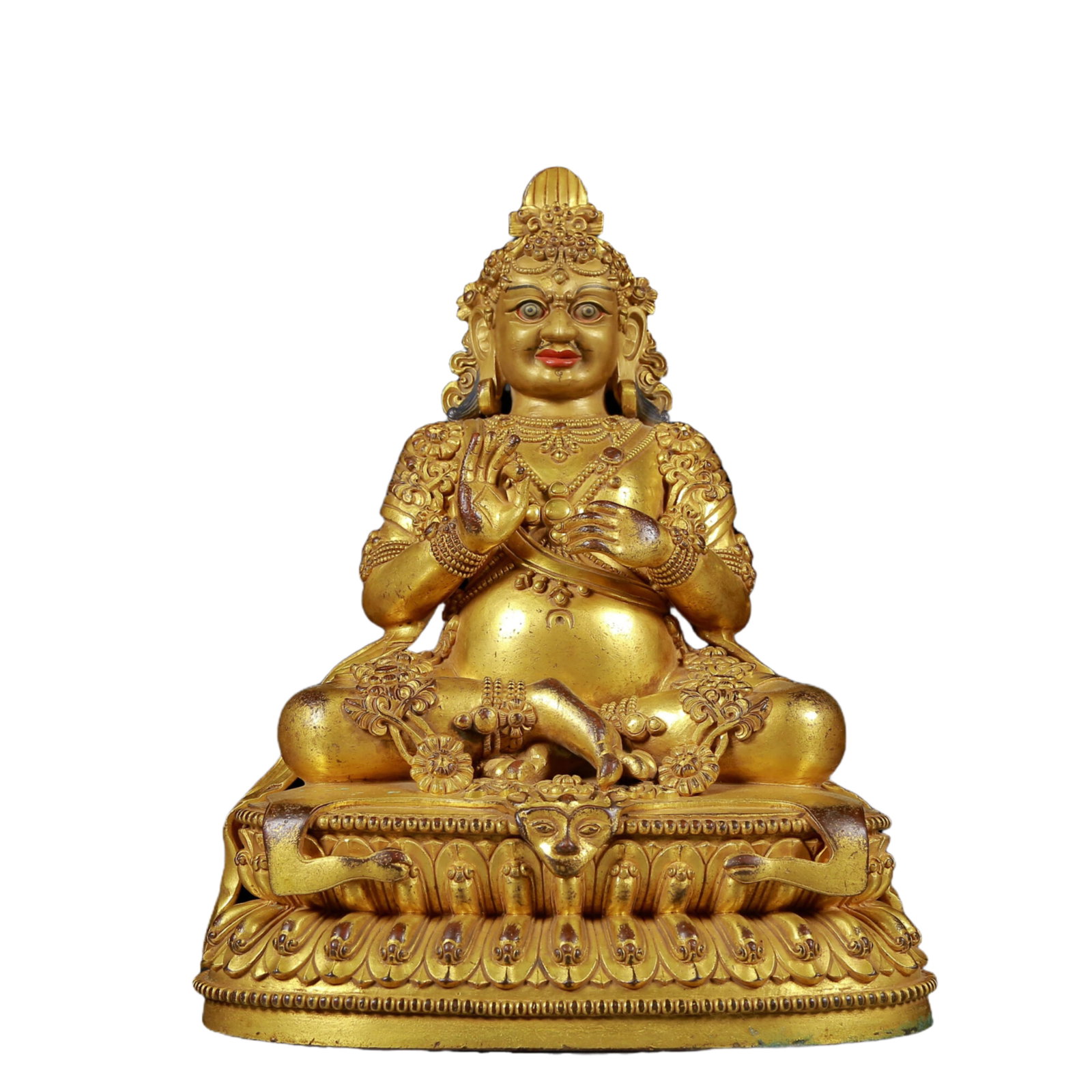 A solemn gilt bronze Vajra statue: A solemn gilt-bronze Vajra statue Ming Dynasty, China. The Vajra's figure is solemn and majestic, symbolizing strong will and invincible power. At the same time, his face is solemn, and his brows reve