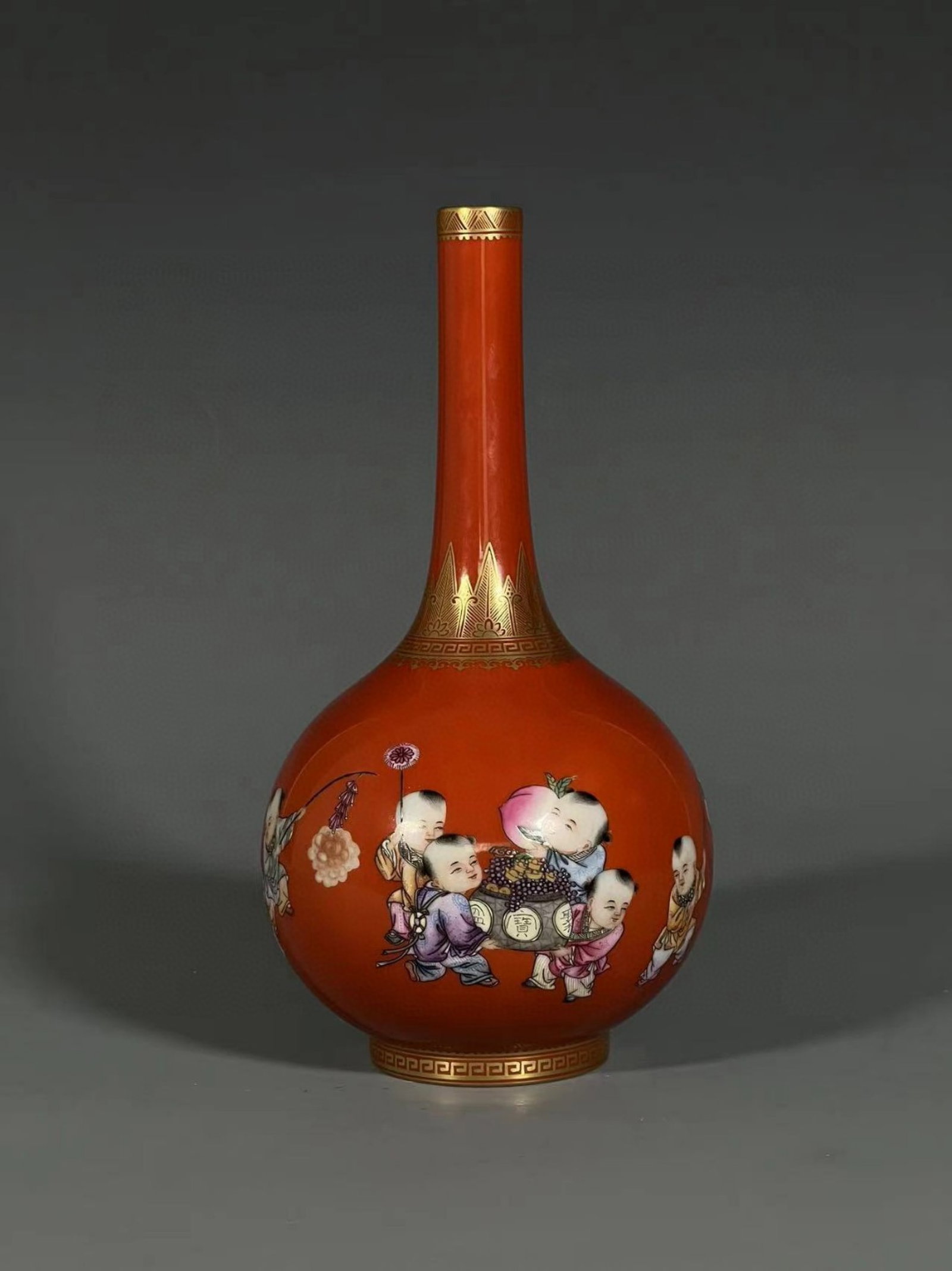 An Exquisite Red Ground Famille-Rose Painted Gold Character and Story Pattern Vase,with poem: An Exquisite Red Ground Famille-Rose Painted Gold Character and Story Pattern Vase,with poem,Qing Dynasty,China,Yongzheng Six-character Mark,Size:8.9inx2.5in 红地粉彩描&#