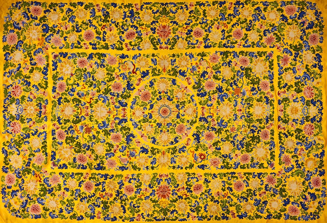 Palace seed embroidered flower pattern cushion: Cushion with Seed Embroidery and Flower Pattern in the Court of Qing Dynasty. The "Cushion with Seed Embroidery and Flower Pattern in the Court of Qing Dynasty" was probably made by craftsmen who were