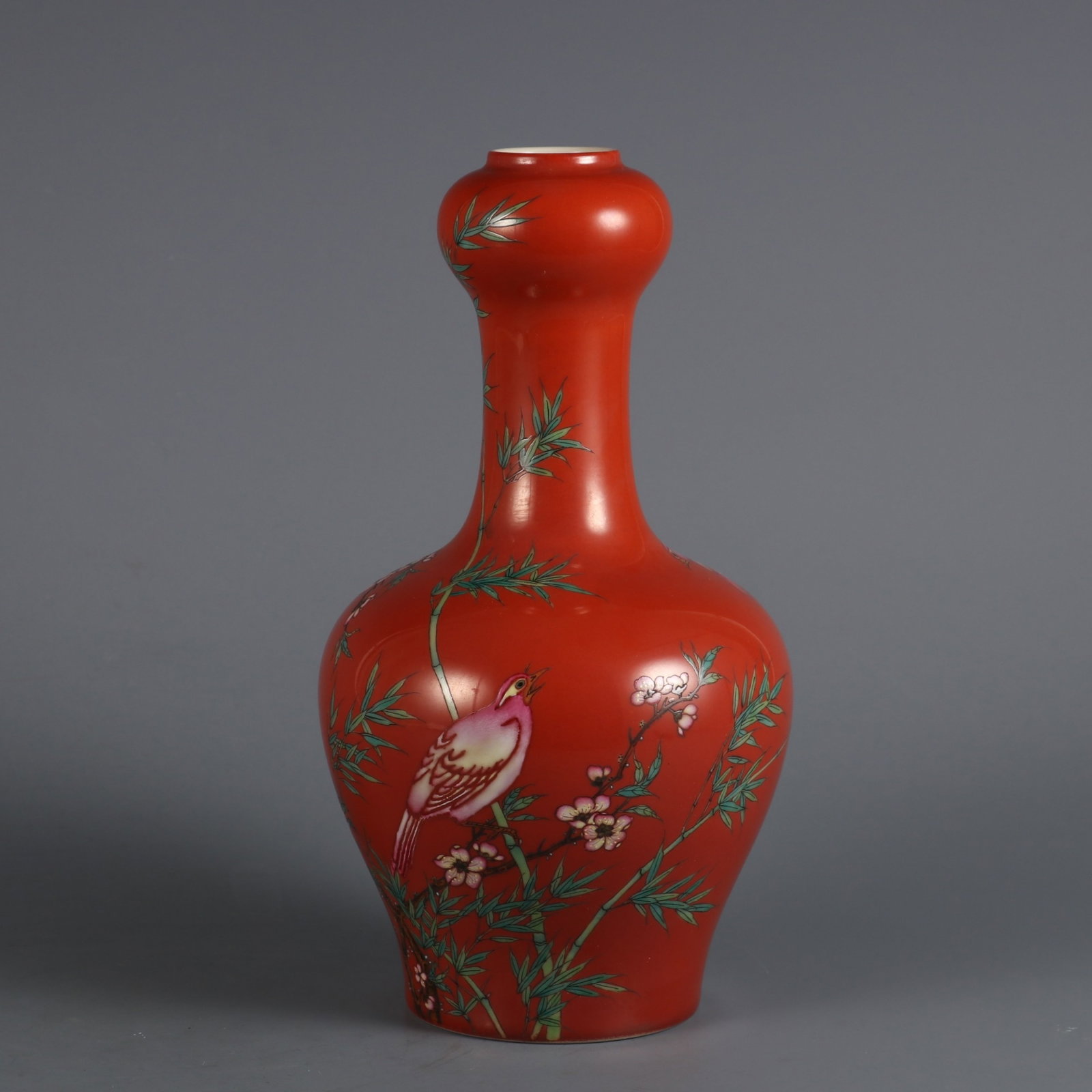 An Exquisite Coral Red Glazed Famille-Rose Flower and Bird Pattern Vase: An Exquisite Coral Red Glazed Famille-Rose Flower and Bird Pattern Vase,Qing Dynasty,China,Yongzheng Six-character Mark,Size:9.1inx4.7in 珊瑚红粉彩花鸟纹