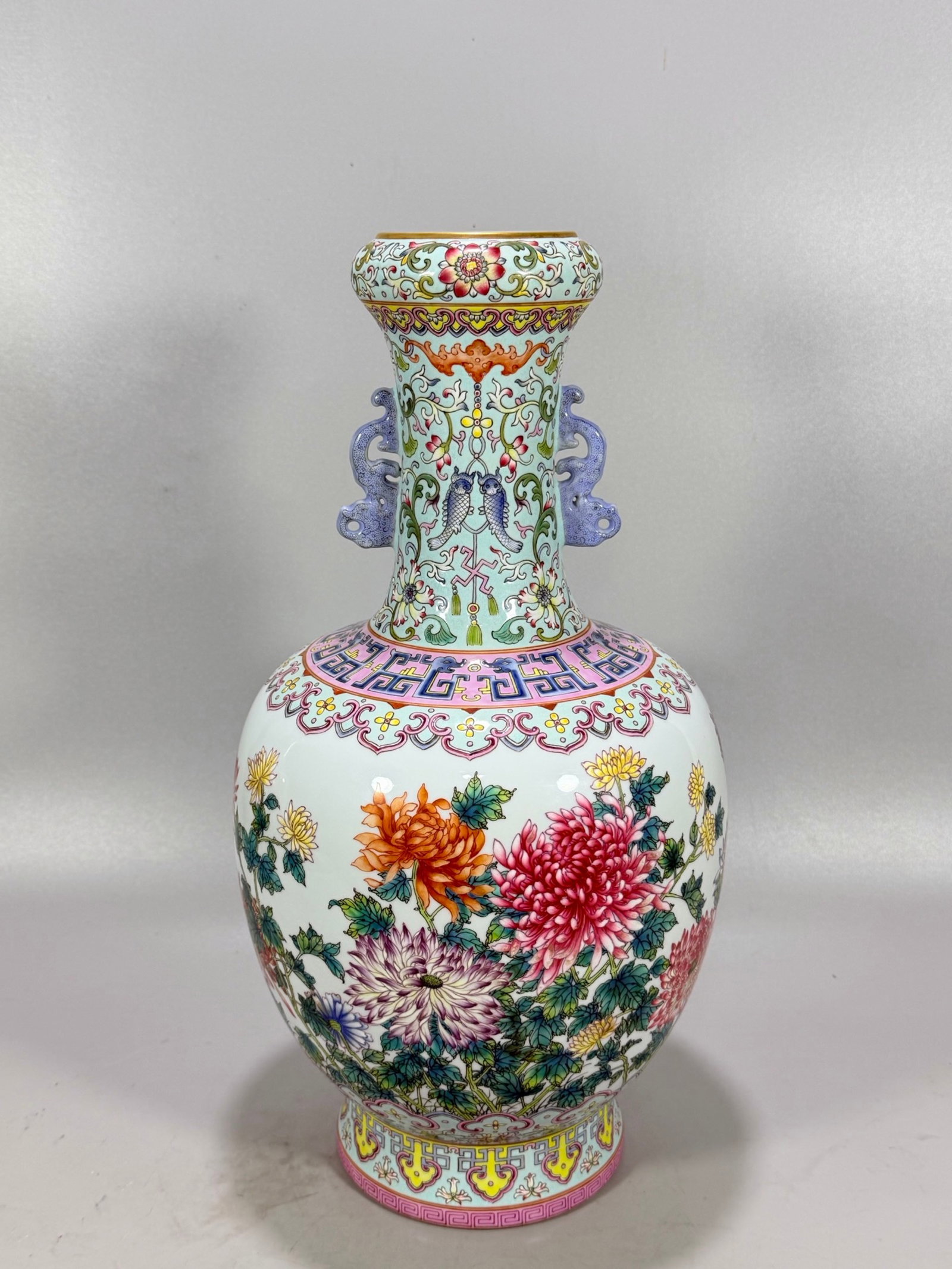 A Huge Famille-Rose Painted Gold Flower Pattern Double-Ears Vase,with poem: A Huge Famille-Rose Painted Gold Flower Pattern Double-Ears Vase,with poem,Qing Dynasty,China,Qianlong Six-character Mark,Size:15.7inx8.3in 粉彩描金花卉纹