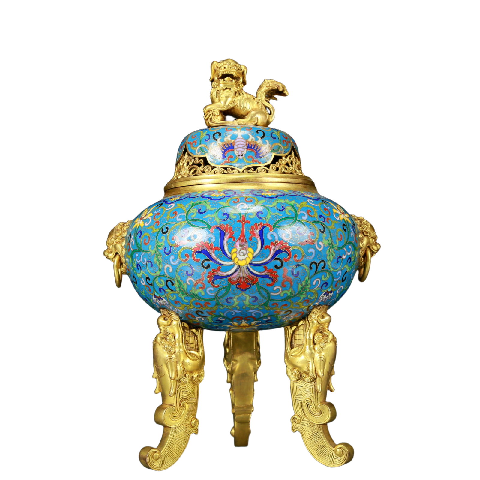 An exquisite cloisonn?? tangled lotus pattern two-eared tripod censer with lid: An exquisite cloisonné double-eared tripod censer with a lid and a lotus pattern. The application of filigree technology makes the decoration of this collection more detailed and three-dimensiona