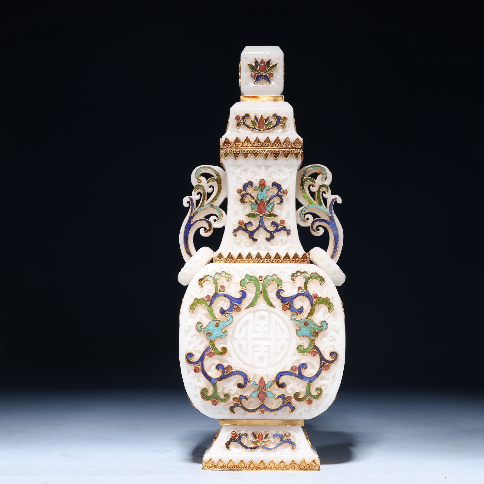 An Exquisite White Jade Inlaid Gilt Bronze Flower Pattern Double-Ears Vase: An Exquisite White Jade Inlaid Gilt Bronze Flower Pattern Double-Ears Vase, Qing Dynasty,China, Size:4.3inx2.4inx11.4in,Weight:1500g 白玉嵌铜鎏金花卉