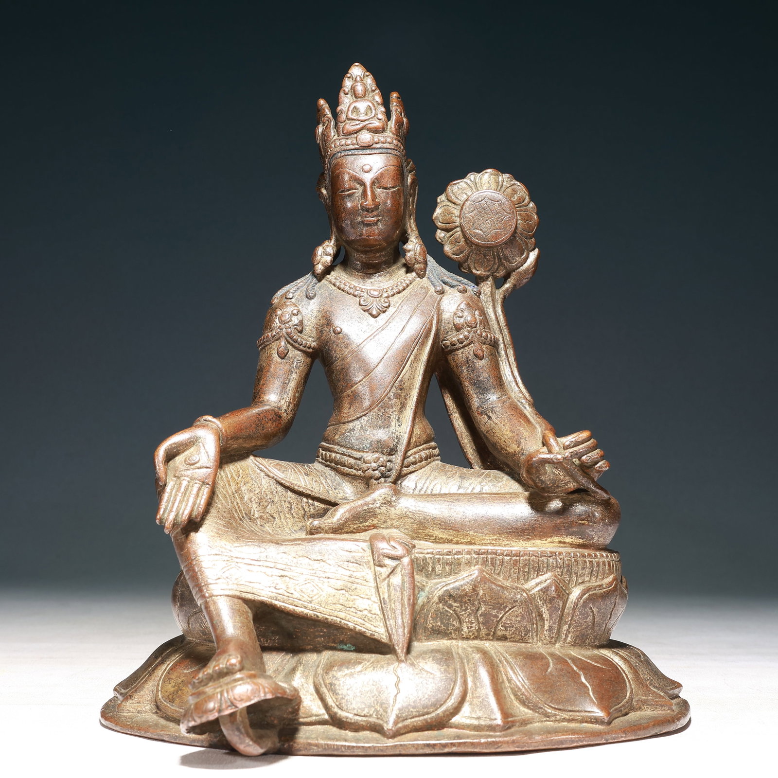 A Solemn Bronze Statue of Tara: A Solemn Bronze Statue of Tara,Qing Dynasty, China,Size:9.1inx7.5inx11.4in,Weight:7700g 铜度母像,中国清代