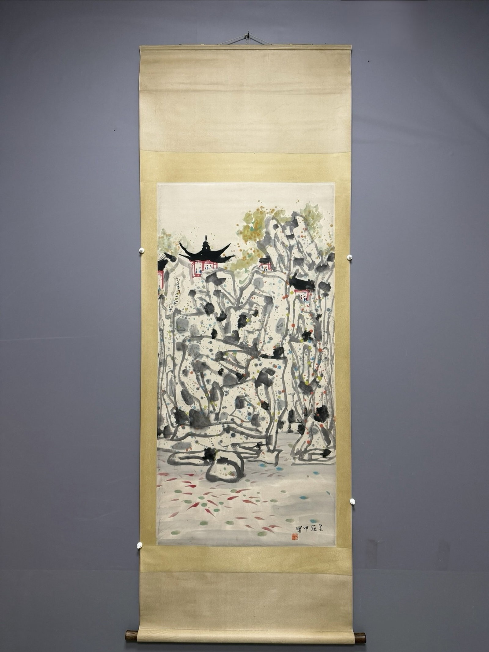 A Chinese Vertical Scroll Ink Painting of Landscape on Paper: A Chinese Vertical Scroll Ink Painting of Landscape on Paper,Wu Guanzhong,Size:54.3inx26.8in