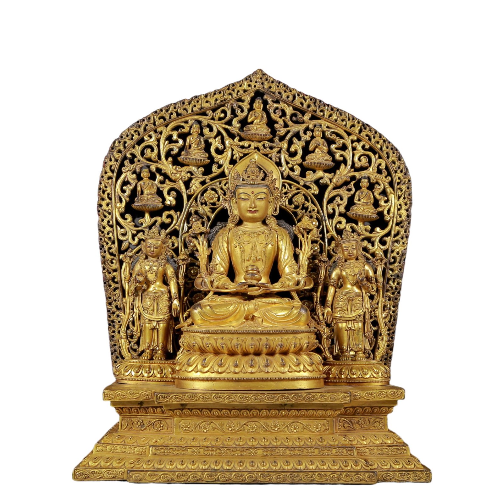 A Brilliant Gilt-Bronze Figure Of Amitayus: A Brilliant Gilt-Bronze Figure Of Amitayus. Seated on a base with a serene expression, body adorned with jewelry ornaments, topknot surmounted by a splendid diadem, and leafy plants flanking the shoul