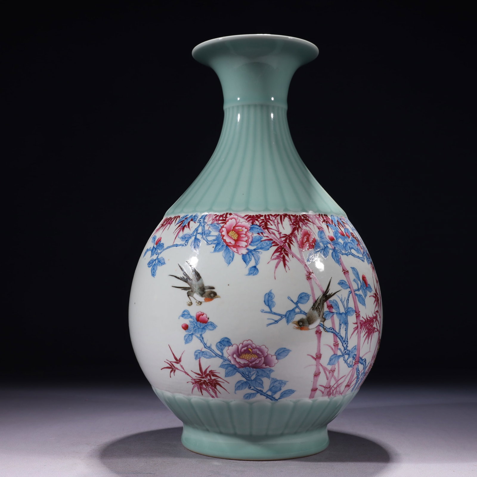 An Exquisite Celadon Glazed Ruby Red-Glazed Flower and Bird Pattern Vase,with poem: An Exquisite Celadon Glazed Ruby Red-Glazed Flower and Bird Pattern Vase,with poem,Qing Dynasty,China,Yongzheng Six-character Mark,Size:7.5inx13in,Weight:2500g 青釉胭脂红