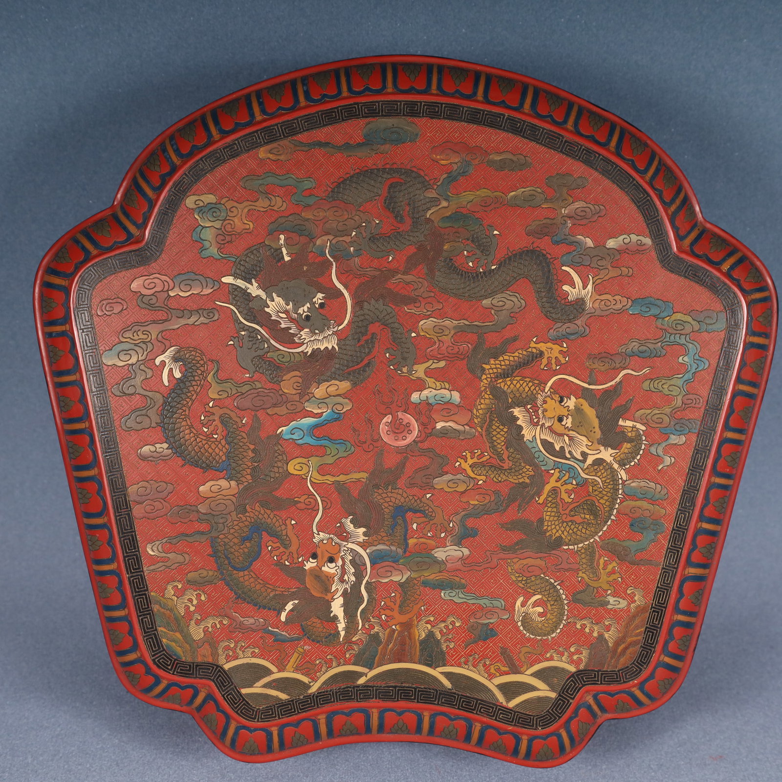 A Rare Carved Red Lacquer Painted Color Auspicious Cloud and Dragon Pattern Cover Box: A Rare Carved Red Lacquer Painted Color Auspicious Cloud and Dragon Pattern Cover Box,Qing Dynasty, China,Qianlong Six-character Mark,Size:11.8inx11inx4.7in,Weight:1100g