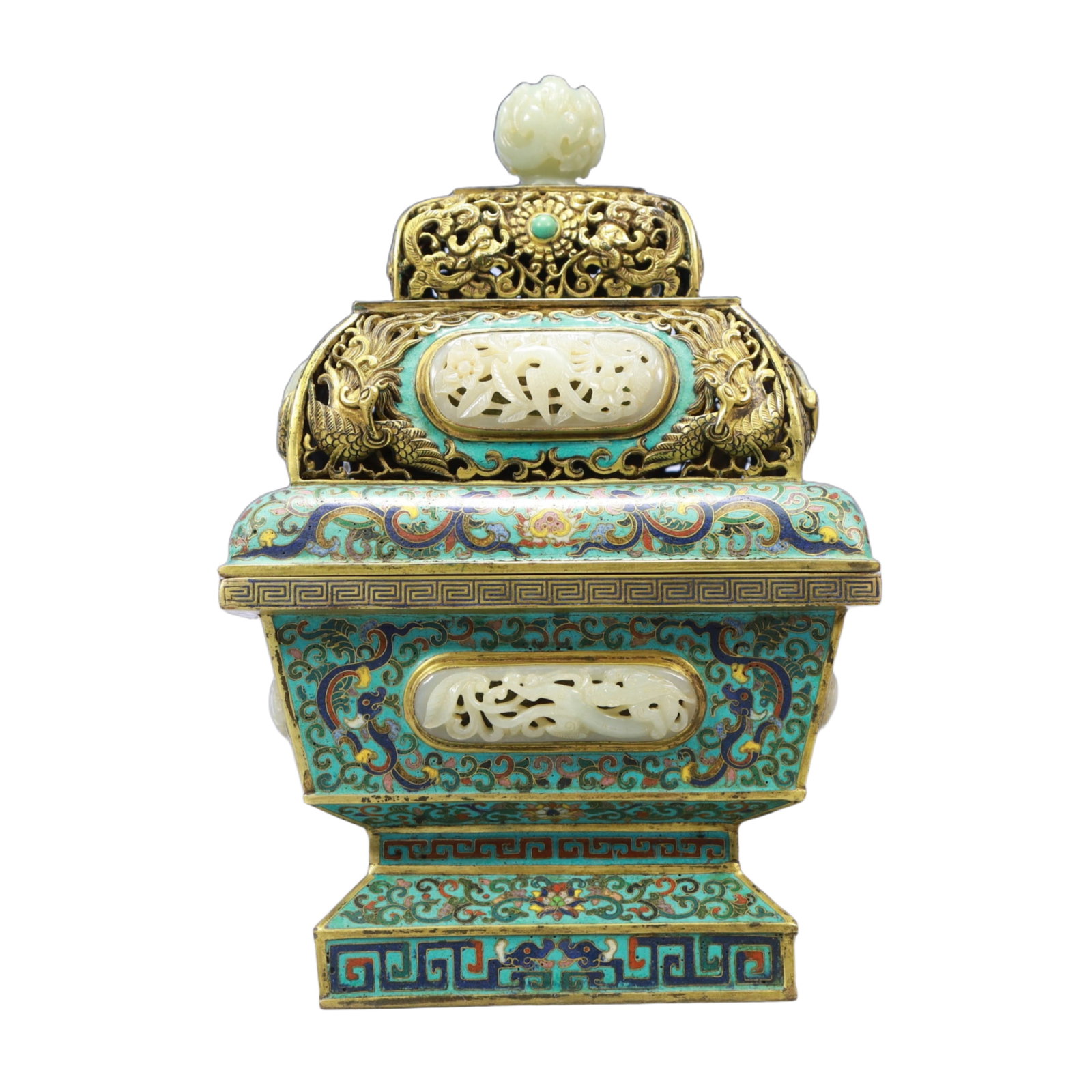 A Rare Cloisonne Inlaid White Jade Dragon and Phoenix Pattern Censer: A Rare Cloisonne Inlaid White Jade Dragon and Phoenix Pattern Censer,Qing Dynasty, China,Qianlong Four-character Mark,Size:7.5inx11.8in,Weight:3550g 景泰蓝嵌白玉