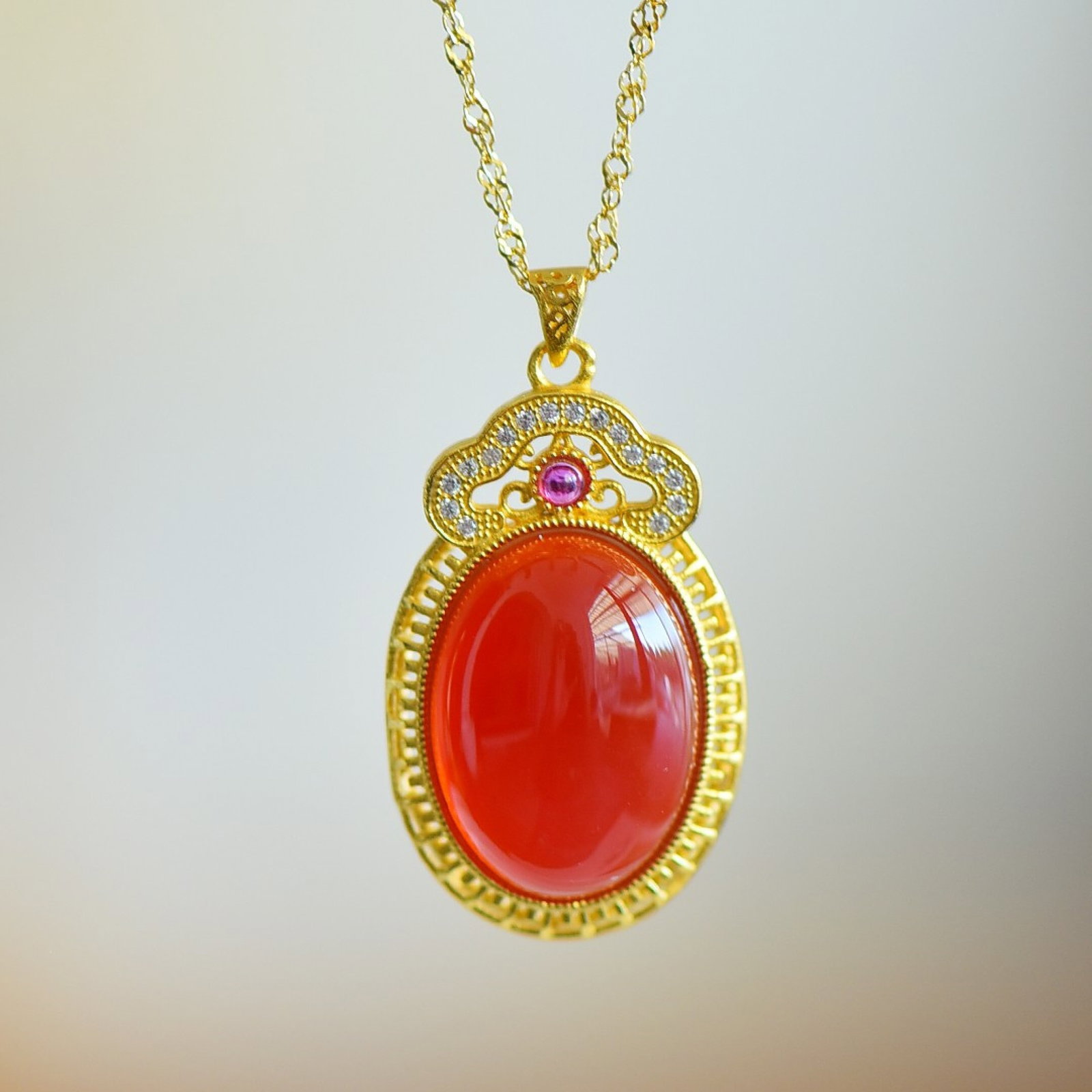 An Exquisite Sterling Silver-Gold Plated Inlaid Red Agate Necklace,Inlaid Diamond (1 of 5)