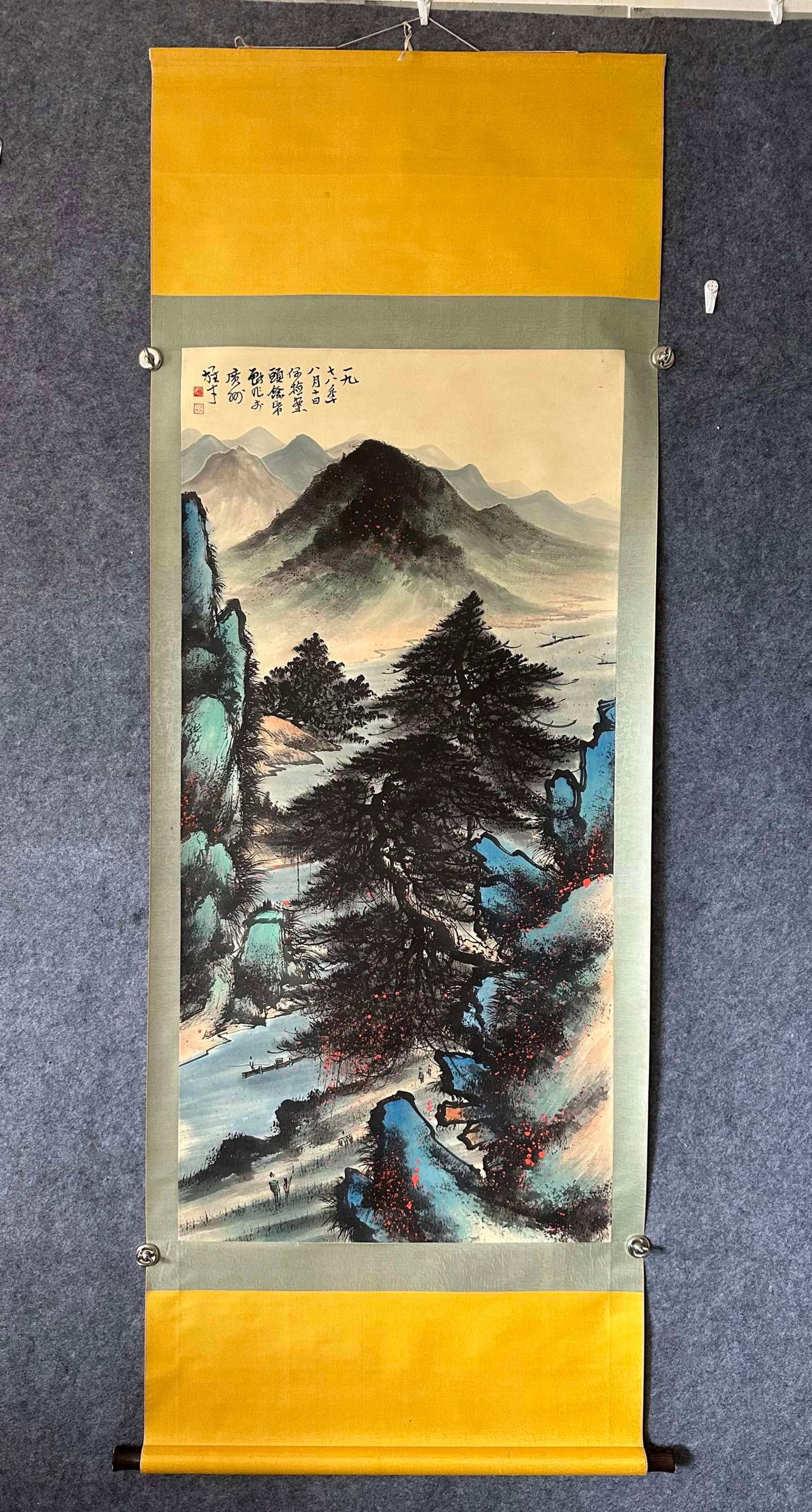 A Chinese Vertical Scroll Ink Painting of Landscape on Paper: A Chinese Vertical Scroll Ink Painting of Landscape on Paper,Li Xiongcai,Size:26.6inx53.9in 一幅中国水墨山水画立轴,黎雄