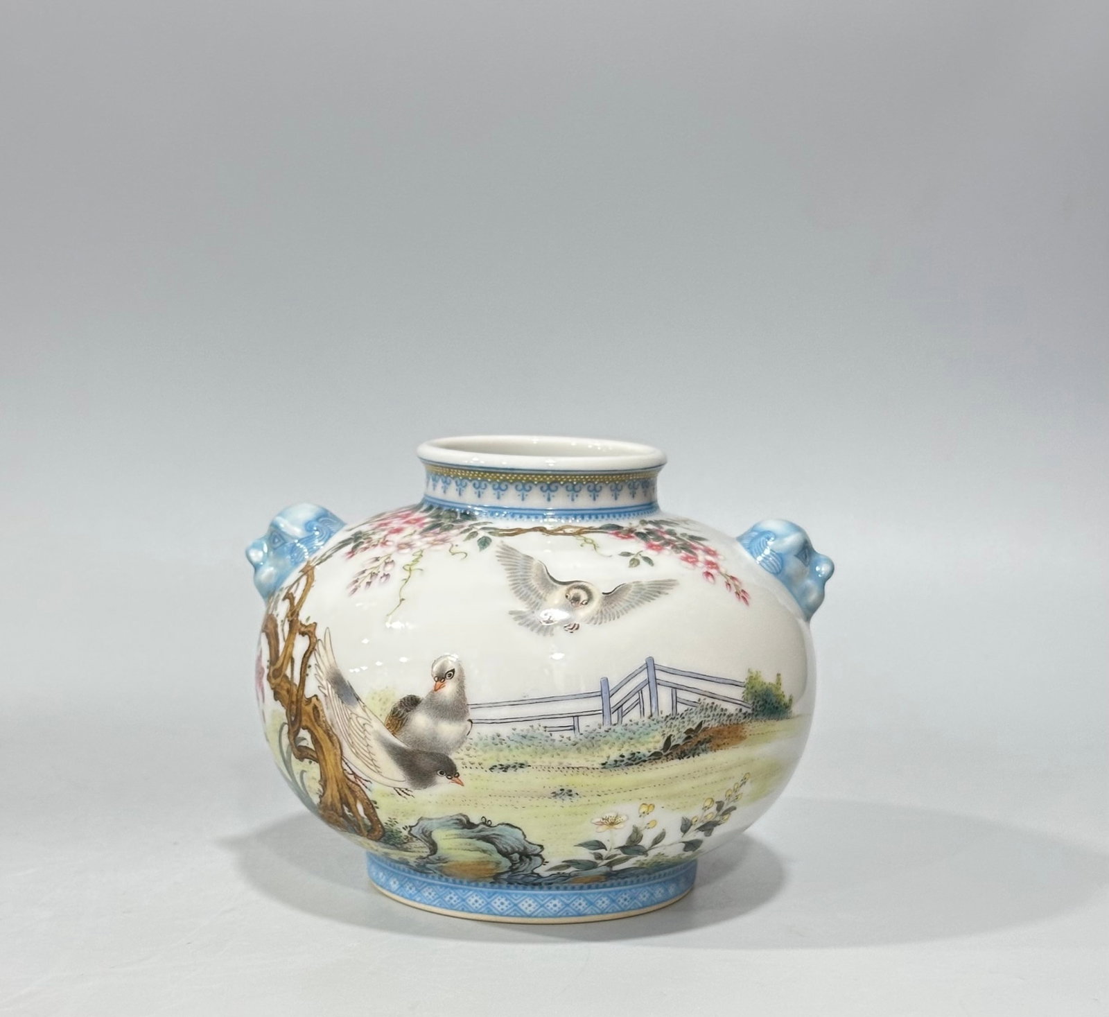 An Exquisite Enamel Flower and Bird Pattern Beast-Ears Vase,with poem: An Exquisite Enamel Flower and Bird Pattern Beast-Ears Vase,with poem,Qing Dynasty,China,Yongzheng Four-character Mark,Size:3.5inx4.5in 珐琅彩花鸟纹兽耳