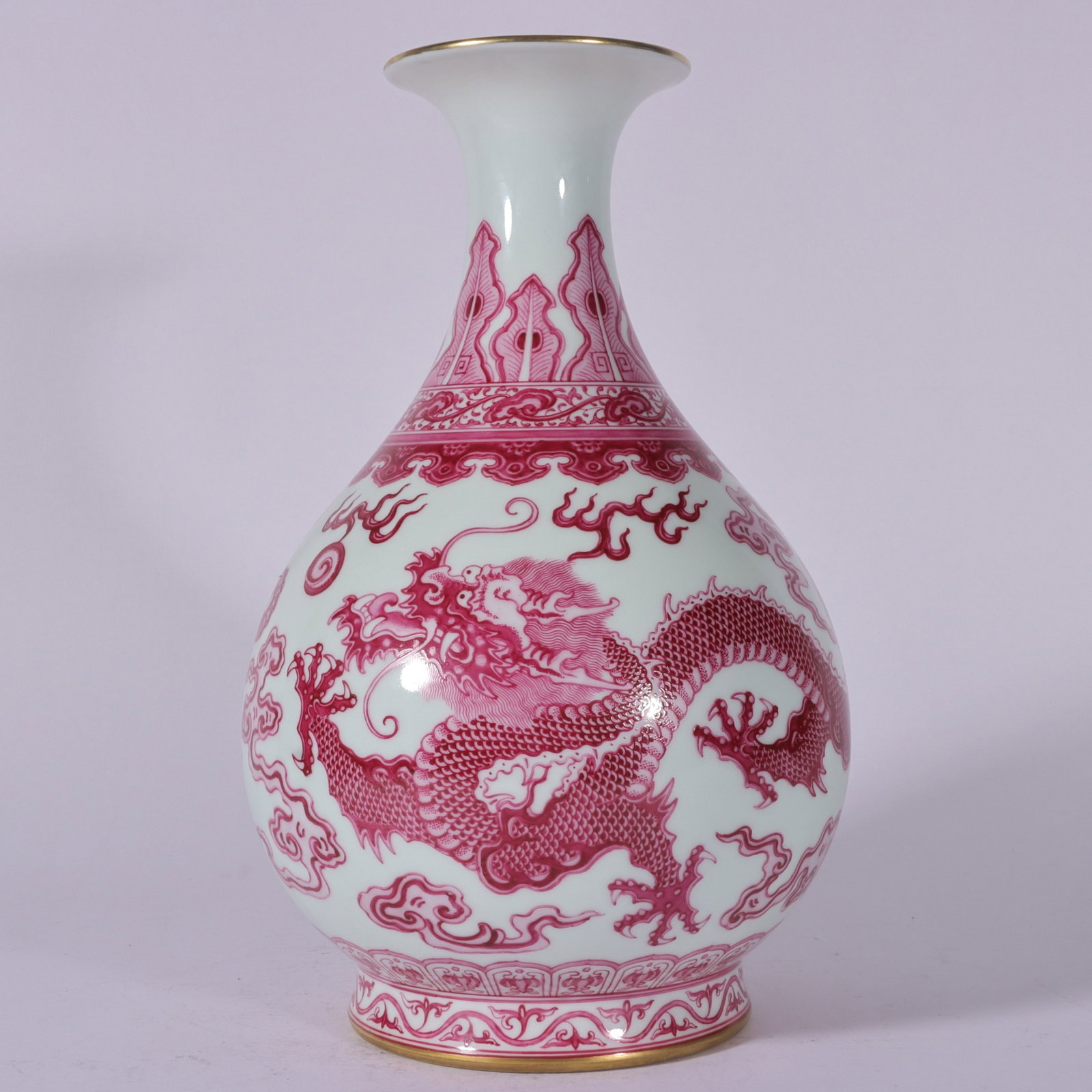 An Exquisite Agate Red Glazed Painted Gold Auspicious Cloud and Dragon Pattern Vase: An Exquisite Agate Red Glazed Painted Gold Auspicious Cloud and Dragon Pattern Vase,Qing Dynasty,China,Yongzheng Four-character Mark,Size:11.3inx6.5in
