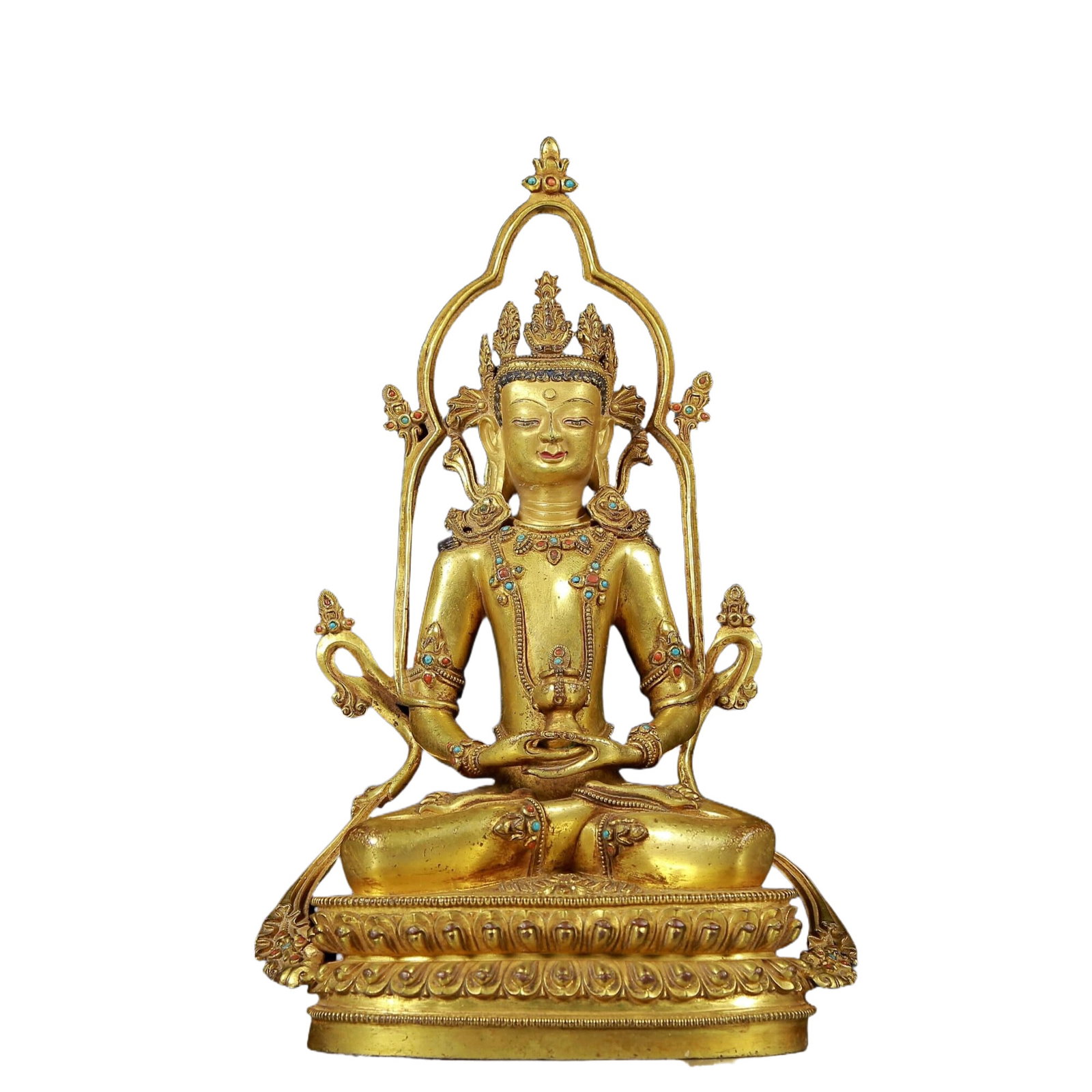 A Brilliant Gilt-Bronze Gem-Inlaid Figure Of Amitayus With marks: A Brilliant Gilt-Bronze Gem-Inlaid Figure Of Amitayus With marks. Seated on a base with a peaceful expression, body adorned with jewelry ornaments, topknot surmounted by a splendid diadem. Chinese