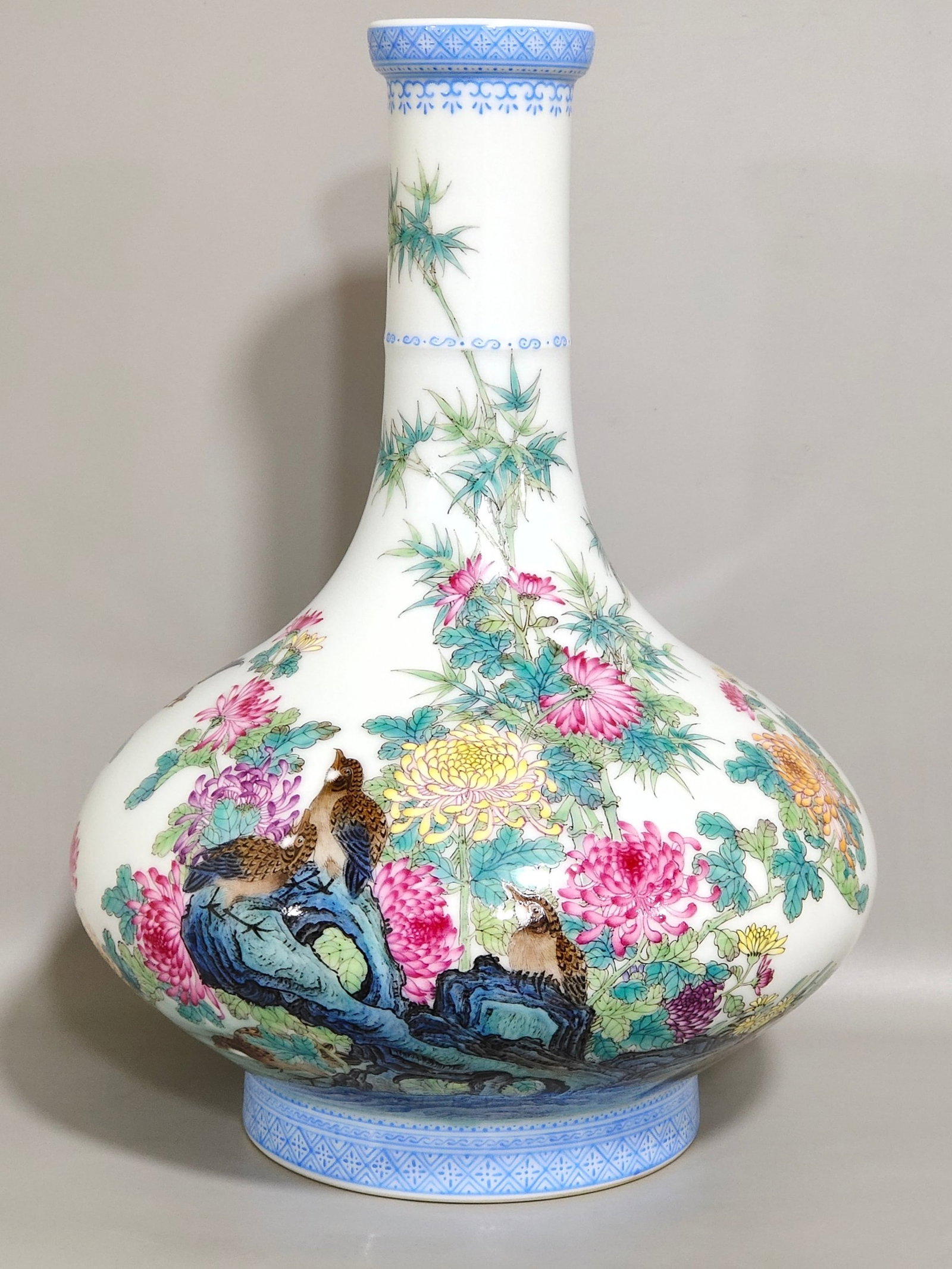 A Rare Famille-Rose Flower and Bird Pattern Vase,with poem: A Rare Famille-Rose Flower and Bird Pattern Vase,with poem,Qing Dynasty,China,Yongzheng Six-character Mark,Size:11.4inx7.5in
