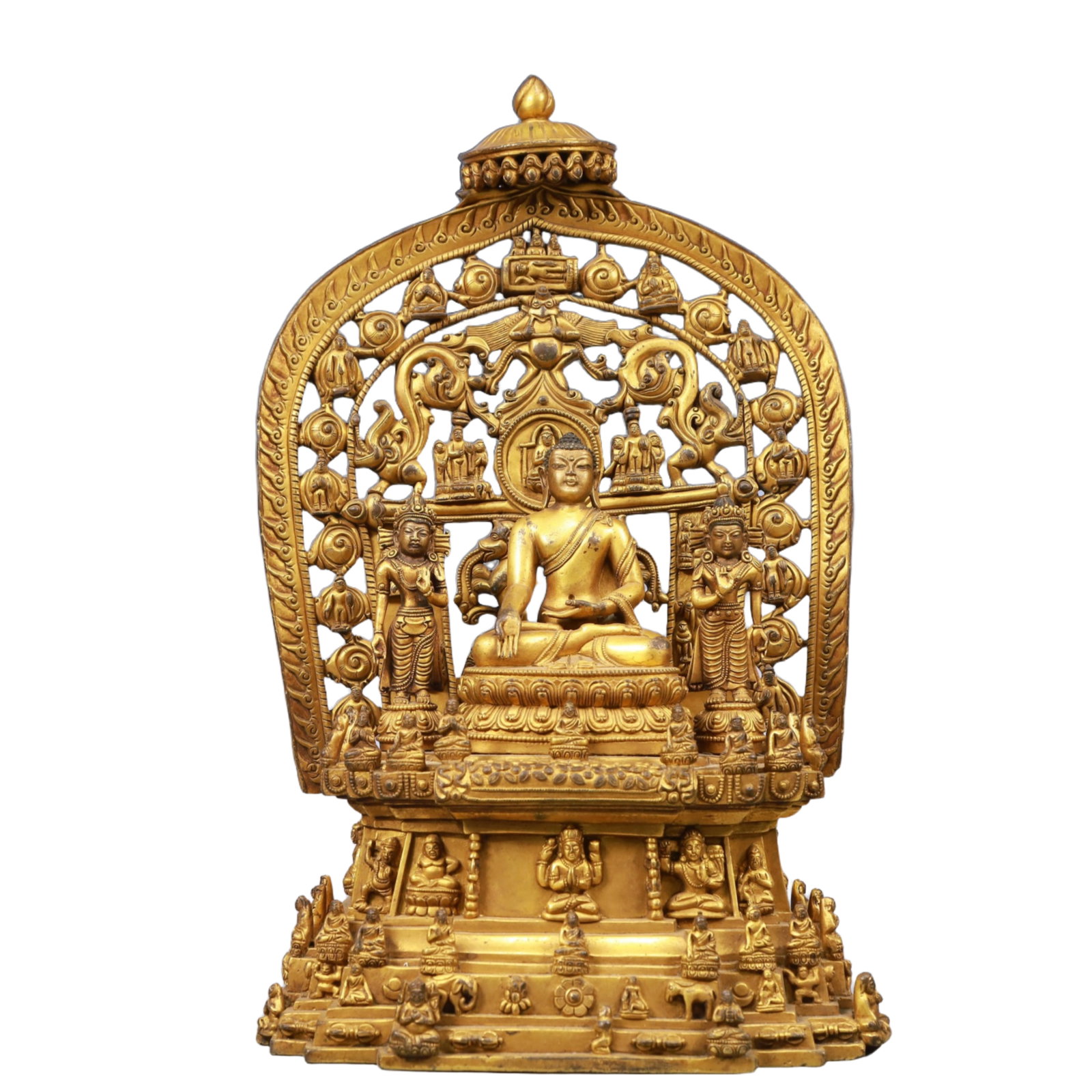 A Solemn Gilt Bronze Statue of Sakyamuni, With Inscription: A Solemn Gilt Bronze Statue of Sakyamuni, With Inscription, Ming Dynasty, China, Size:8.3inx5.1inx13.4in, Weight:5350g 铜鎏金释迦摩尼像,带铭