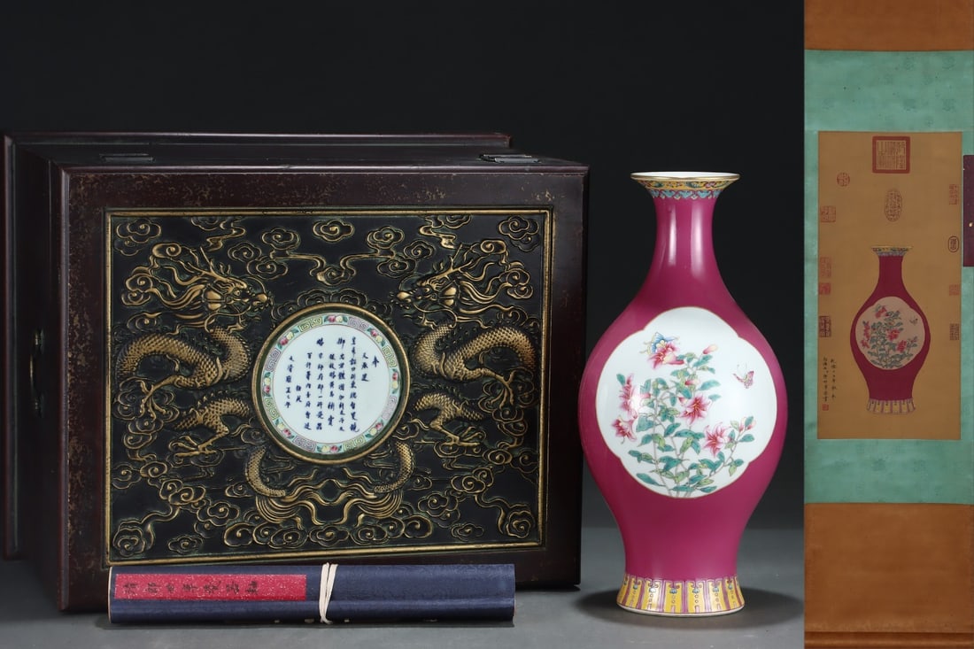 A Huge Red-glazed with famille rose reserved panels Guanyin vase decorated with flowers and: A Huge Red-glazed with famille rose reserved panels Guanyin vase decorated with flowers and butterflies, with a silk painting hanging scroll,Qing Dynasty, China, Yongzheng Six-character Mark,Size:15.7