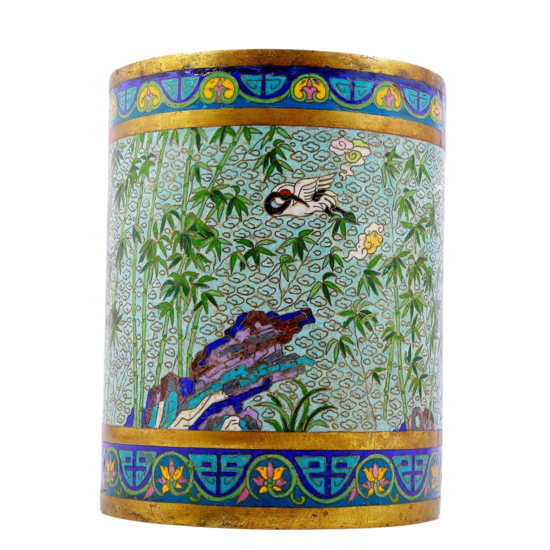 A Magnificent Cloisonne 'Auspicious Cloud& Crane' Brush Pot (1 of 7)