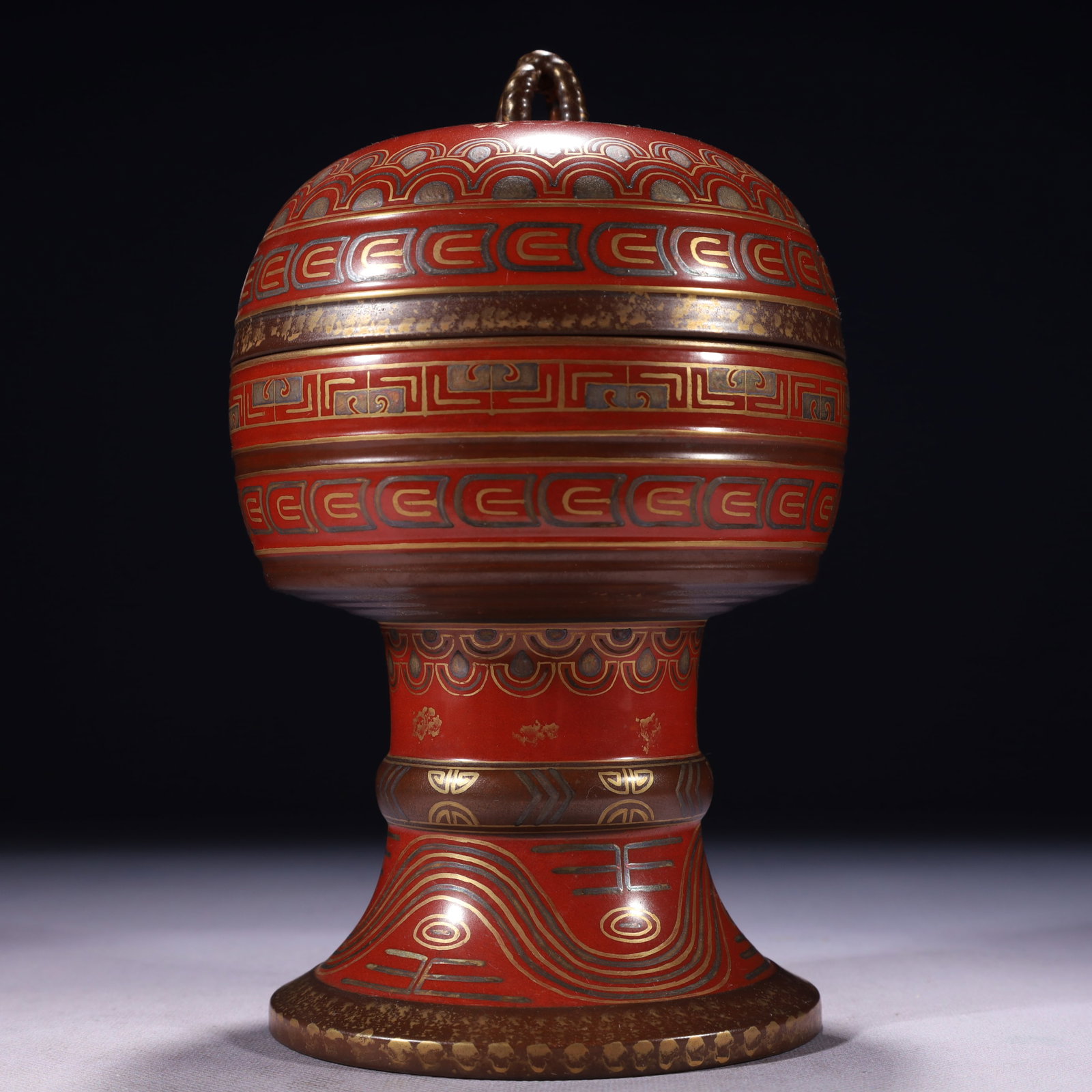 An Exquisite Bronze Glazed Painted Gold Box with Cover: An Exquisite Bronze Glazed Painted Gold Box with Cover,Qing Dynasty,China,Qianlong Six-character Mark,Size:5.1inx9.8in,Weight:1650g 古铜彩描金盖盒,中