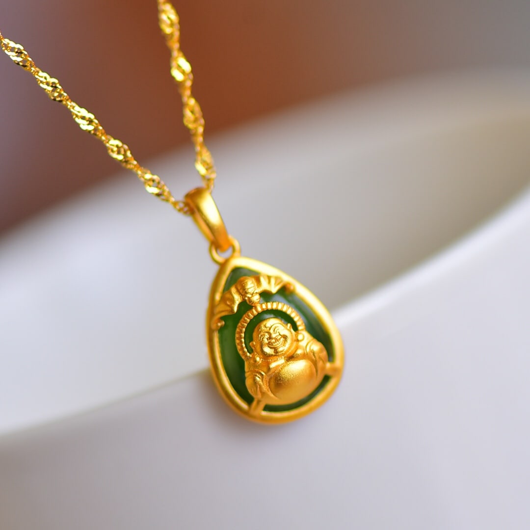 An Exquisite Sterling Silver-Gold Plated Inlaid White Jade Statue of Maitreya Buddha Necklace: An Exquisite Sterling Silver-Gold Plated Inlaid White Jade Statue of Maitreya Buddha Necklace,Size:10mmx14mm 纯银镀金镶白玉弥勒佛像
