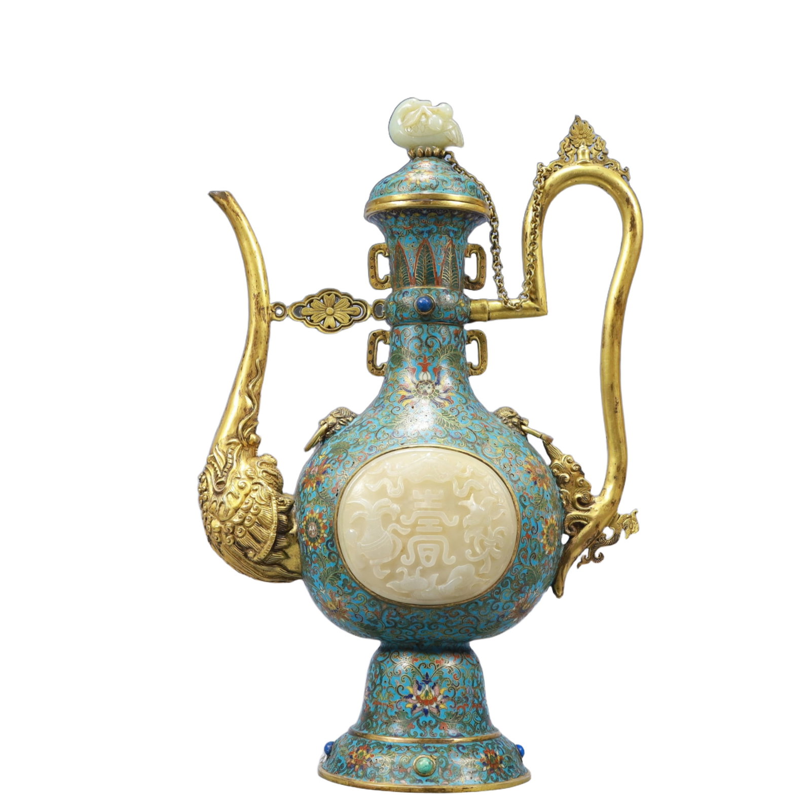 An Exquisite Cloisonne Inlaid White Jade Lotus Pattern Beast-mouse Ewer: An Exquisite Cloisonne Inlaid White Jade Lotus Pattern Beast-mouse Ewer,Qing Dynasty, China,Qianlong Four-character Mark,Size：9.8inx4.3inx15.4in; Weight：2350g 景泰蓝