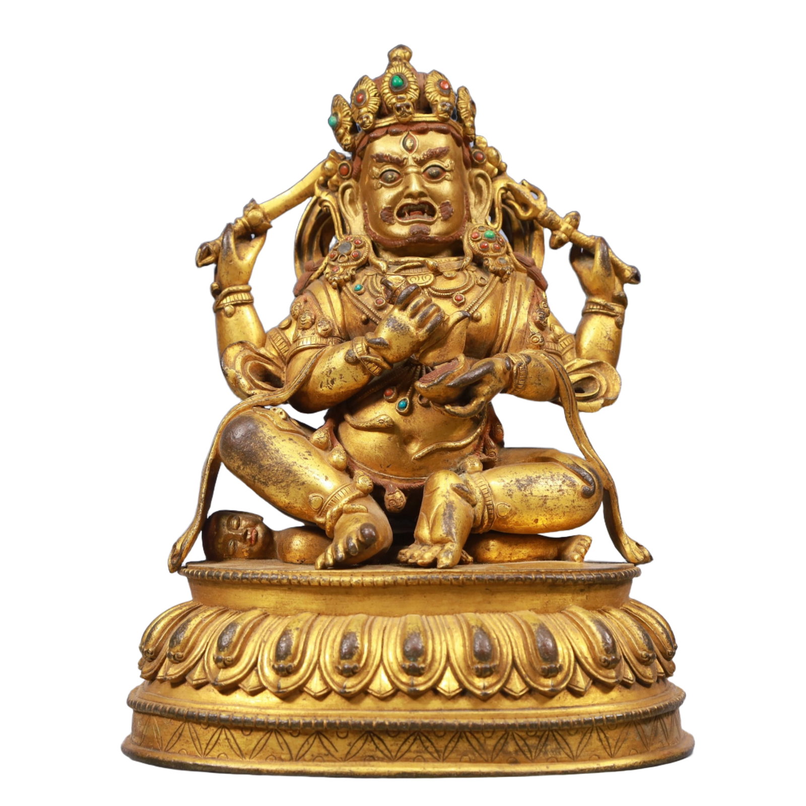 A Solemn Gilt Bronze Statue of Mammon, Inlaid Gems, With Inscription: A Solemn Gilt Bronze Statue of Mammon, Inlaid Gems, With Inscription, Qing Dynasty, China, Size:6.3inx4.3inx9.3in, Weight:2850g