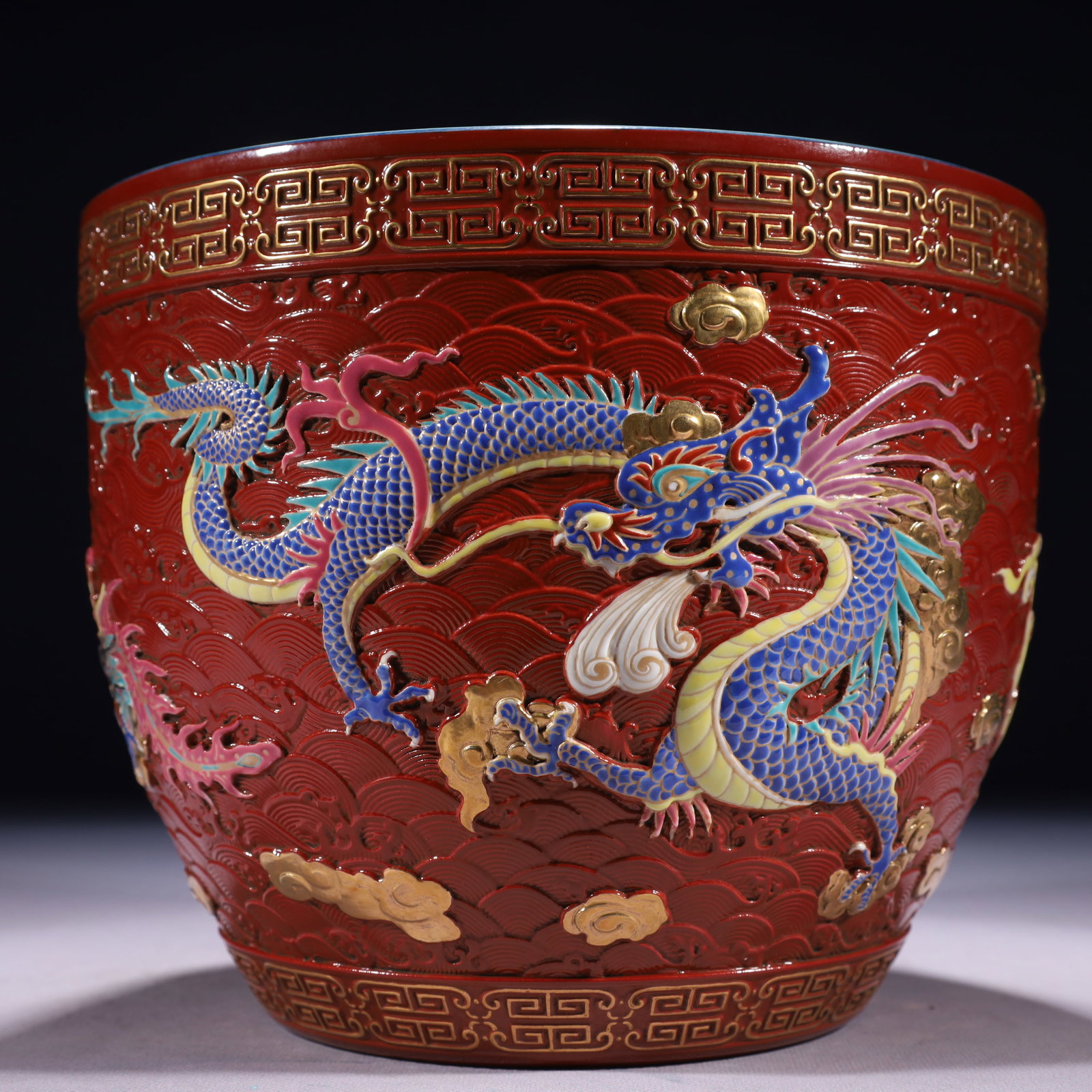 An Exquisite Red Ground Famille-Rose Painted Gold Dragon and Phoenix Pattern Brush Pot: An Exquisite Red Ground Famille-Rose Painted Gold Dragon and Phoenix Pattern Brush Pot