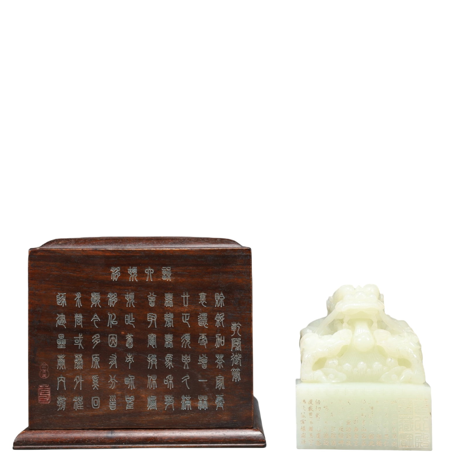 A Precious White Jade Auspicious Beast Seal,With an Imperial Poem by Emperor Qianlong: A Precious White Jade Auspicious Beast Seal,With an Imperial Poem by Emperor Qianlong,Qing Dynasty, China,Size:3.5inx4.1in Weight:1750g