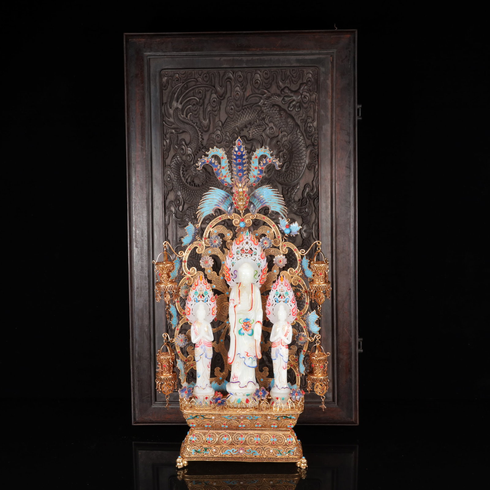 An Exquisite Gilt Bronze Inlaid White Jade Statue of Sakyamuni,Inlaid Gems: An Exquisite Gilt Bronze Inlaid White Jade Statue of Sakyamuni,Inlaid Gems,Qing Dynasty,China,Size:(Figure)9.1inx3.1inx22.8in,(Box)29.5inx17.3inx5.5in,Weight:3100g 铜鎏金嵌