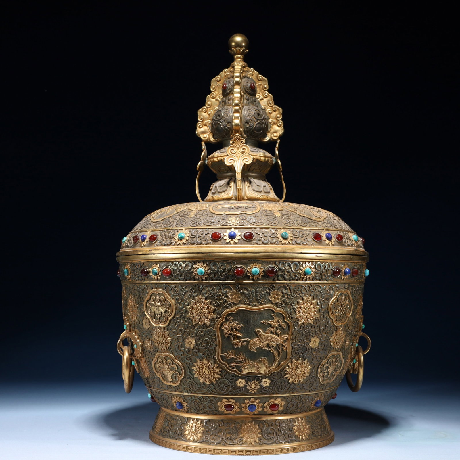 An Exquisite Silver-Gilt Bronze Flower and Bird Pattern Double-Ears Jar with Cover,Inlaid Gems: An Exquisite Silver-Gilt Bronze Flower and Bird Pattern Double-Ears Jar with Cover,Inlaid Gems,Qing Dynasty,China,Qianlong Four-character Mark,Size:11inx18.9inx11in,Weight:8750g 铜鎏ດ