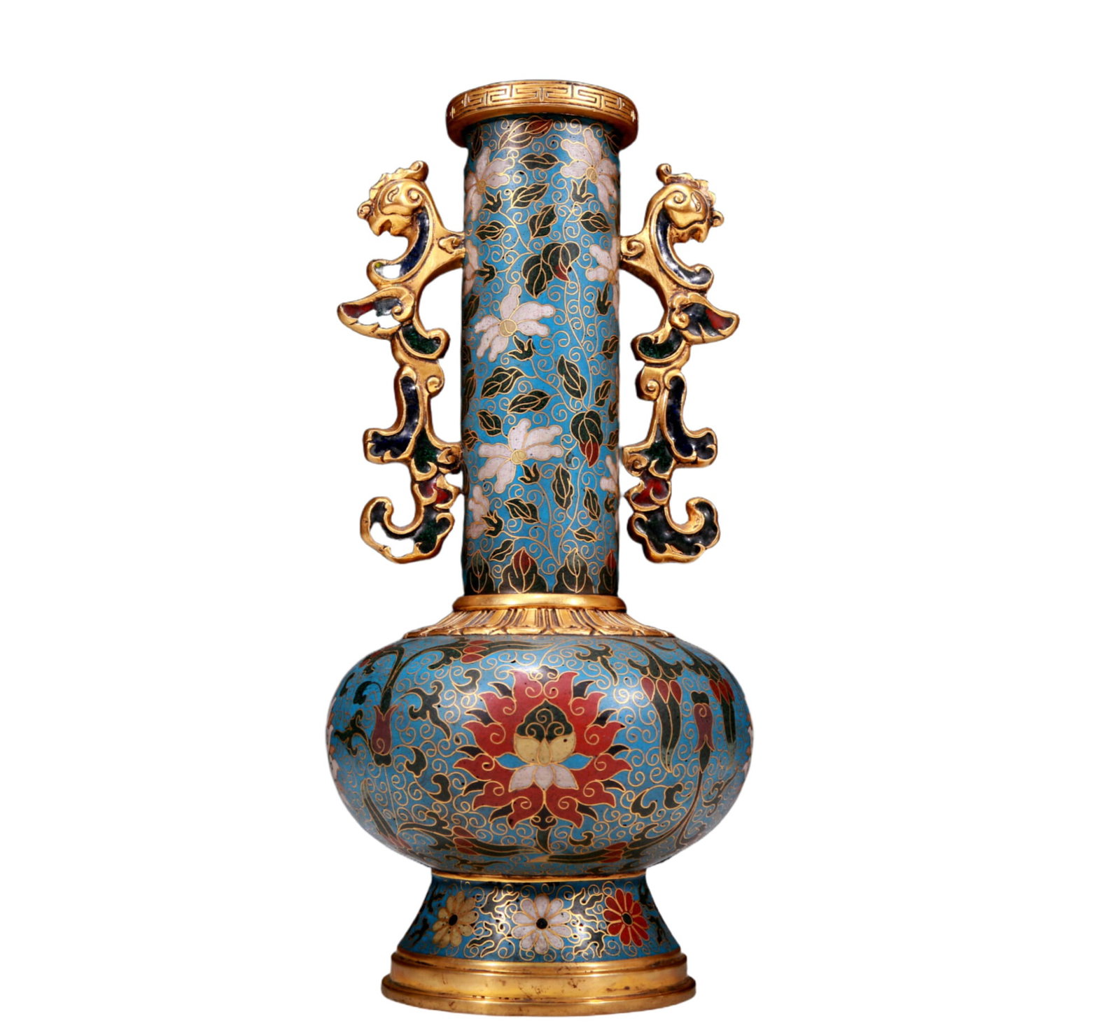 An Elaborate Cloisonne 'Scrolling Lotus' Phoenix-Handled Vase: An Elaborate Cloisonne 'Scrolling Lotus' Phoenix-Handled Vase. Supported on a splayed foot, body enameled with polychrome patterns, all reserved on a bright turquoise ground. Chinese Ming Dynasty. Jin