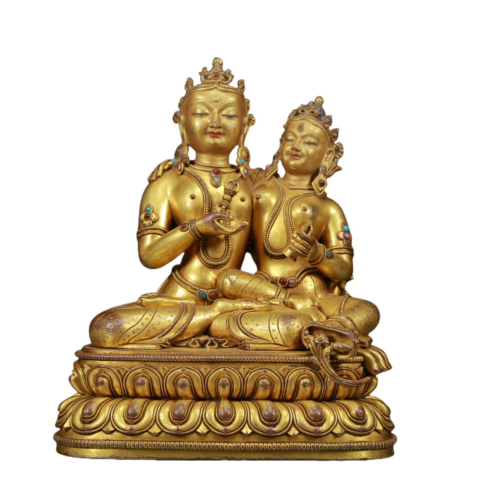 A Magnificent Gilt-Bronze Gem-Inlaid Figure Of Bodhisattva: A Magnificent Gilt-Bronze Gem-Inlaid Figure Of Bodhisattva. Seated on a base with a peaceful expression, body adorned with jewelry ornaments, topknot surmounted by a splendid diadem. Chinese Ming Dyna